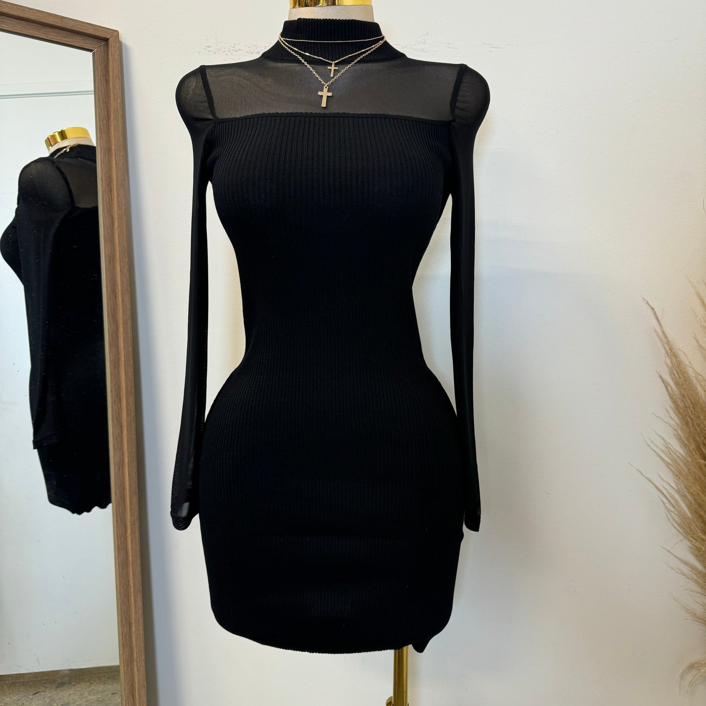 Marlina Mesh Sweater Dress-Black