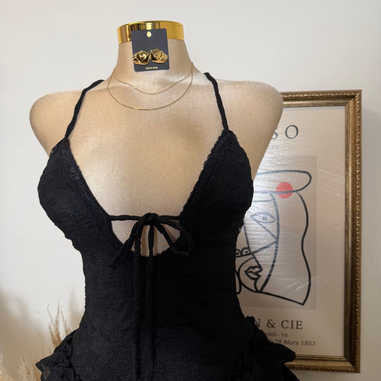 Ruffle lace-Up Mini Dress-Black