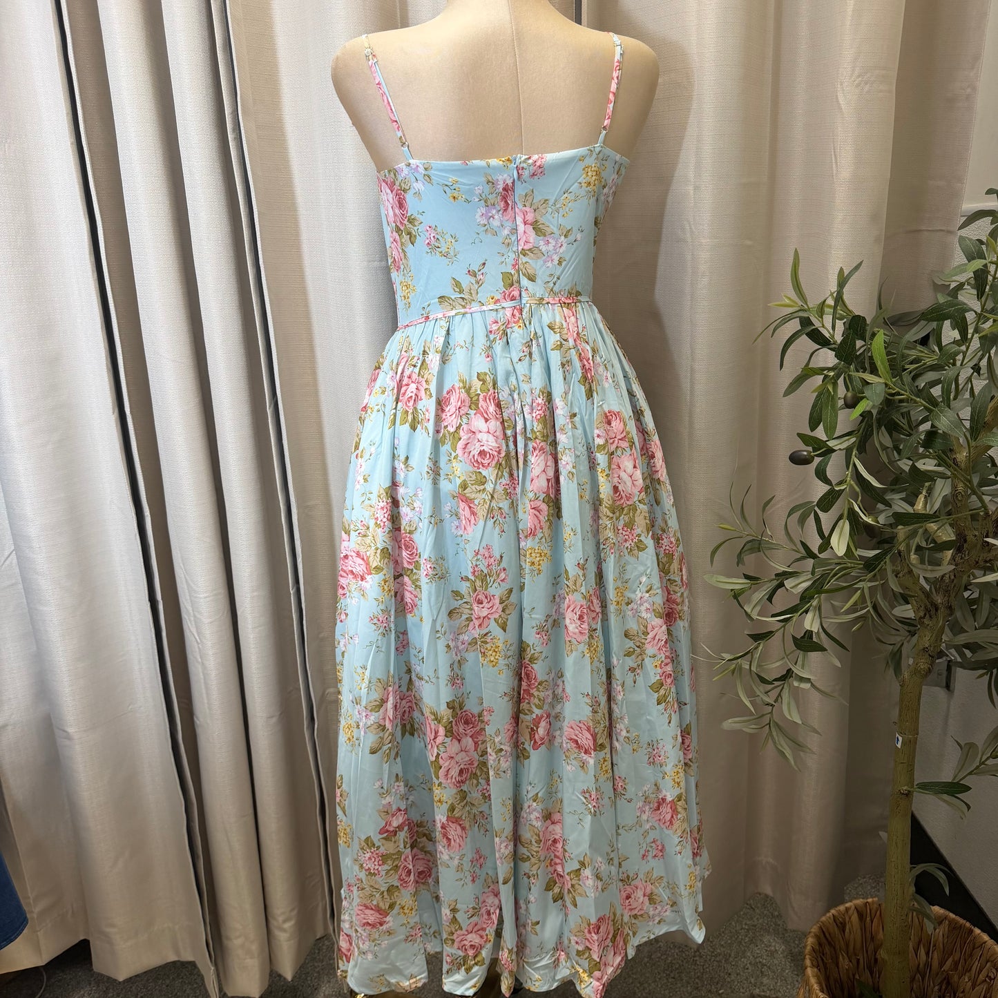 Floral Print Adjustable Straps Loose Maxi Dress-Light blue