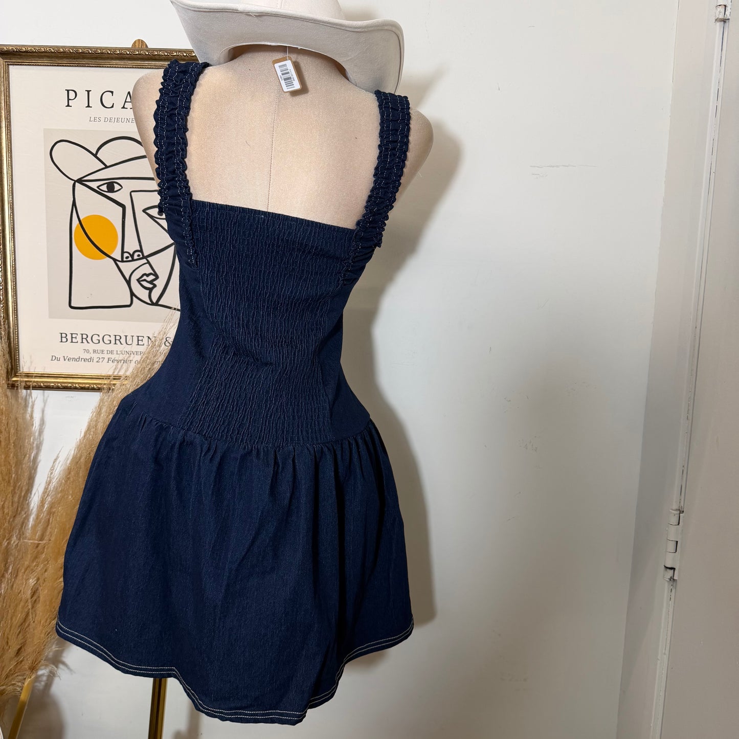 Ruched Bodice Denim Mini Dress-Dk Denim