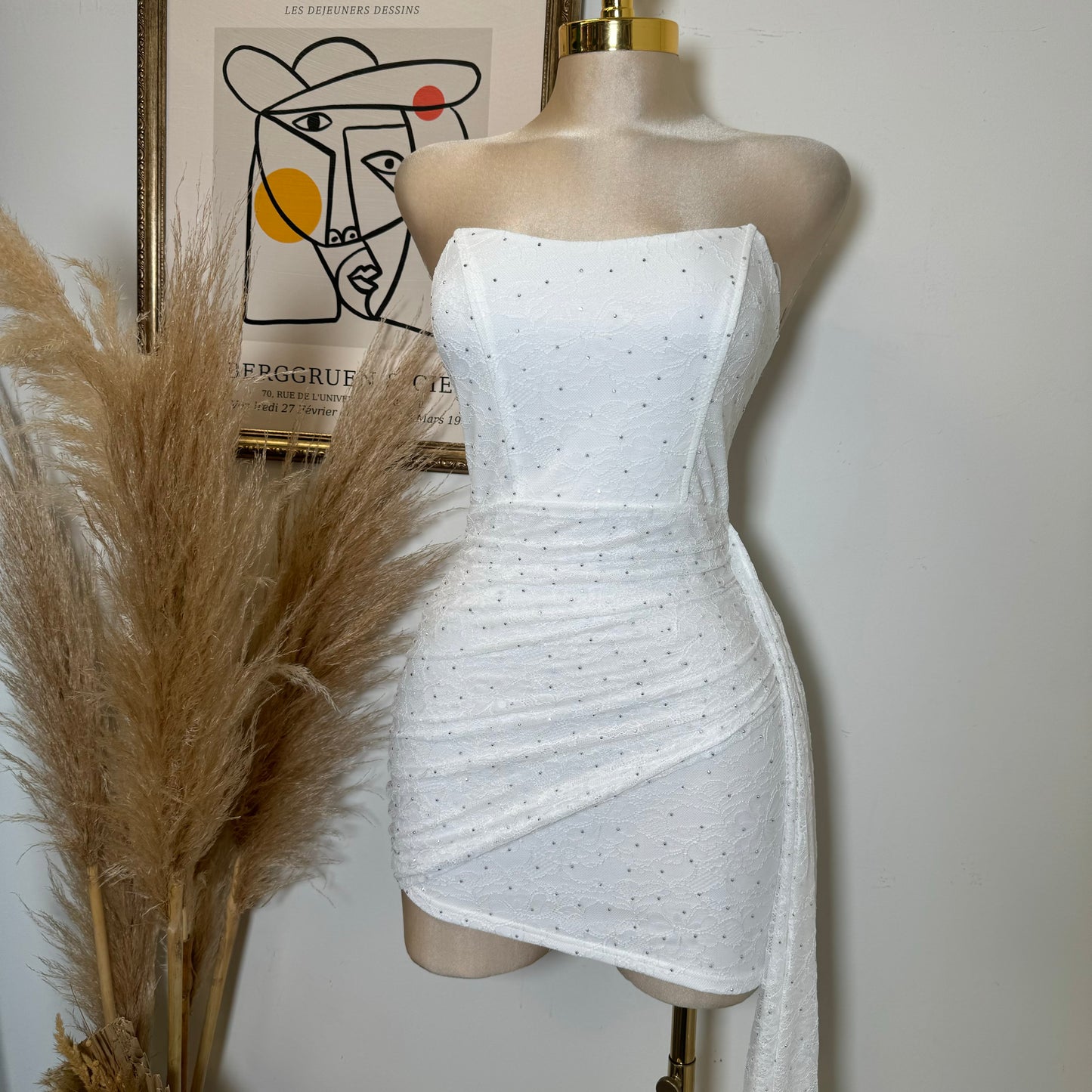 STUDD HOTFIX REGISTERED LACE STRAPLESS MINI BODYCON DRESS-White