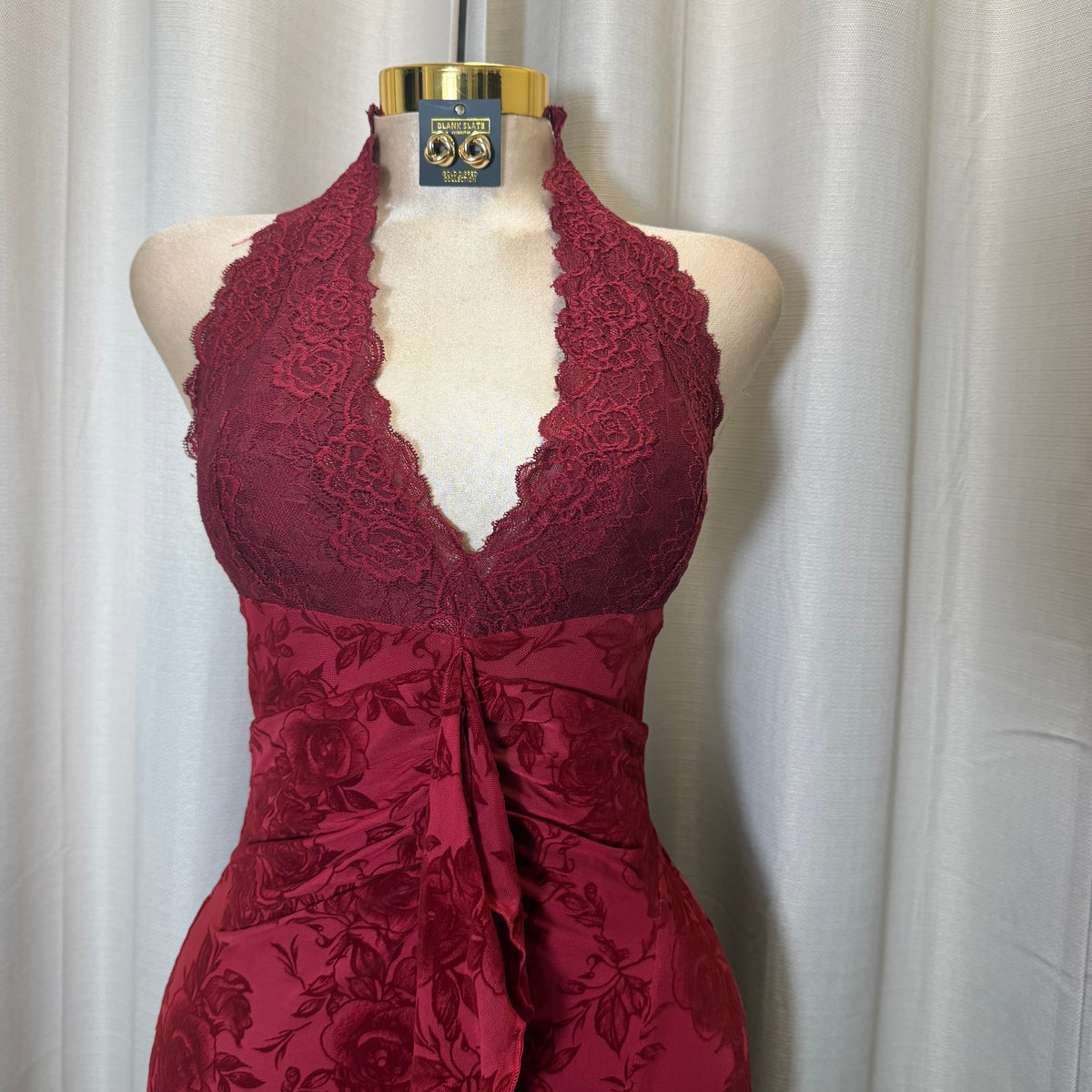 Halter Lace Detail Floral Dress-Red/Burgundy