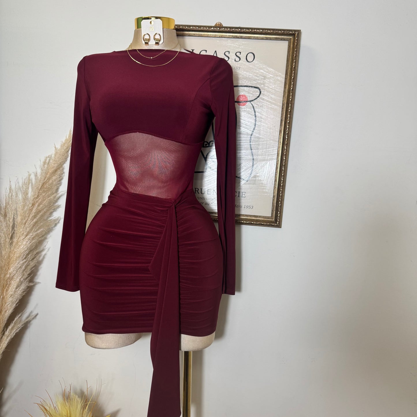 Knit Mesh Mini Dress-Burgundy