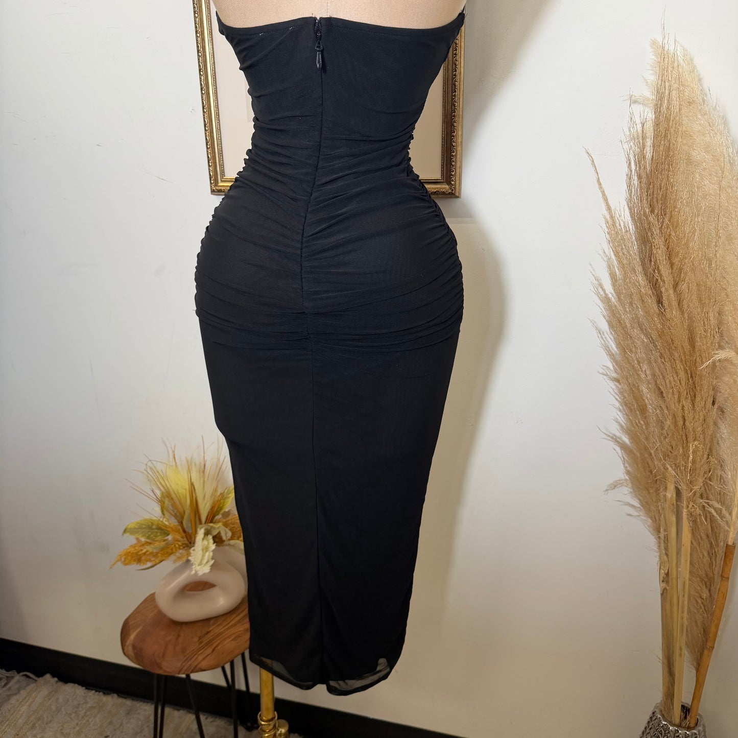 Mesh Midi Dress W/ a Front Sash-Black