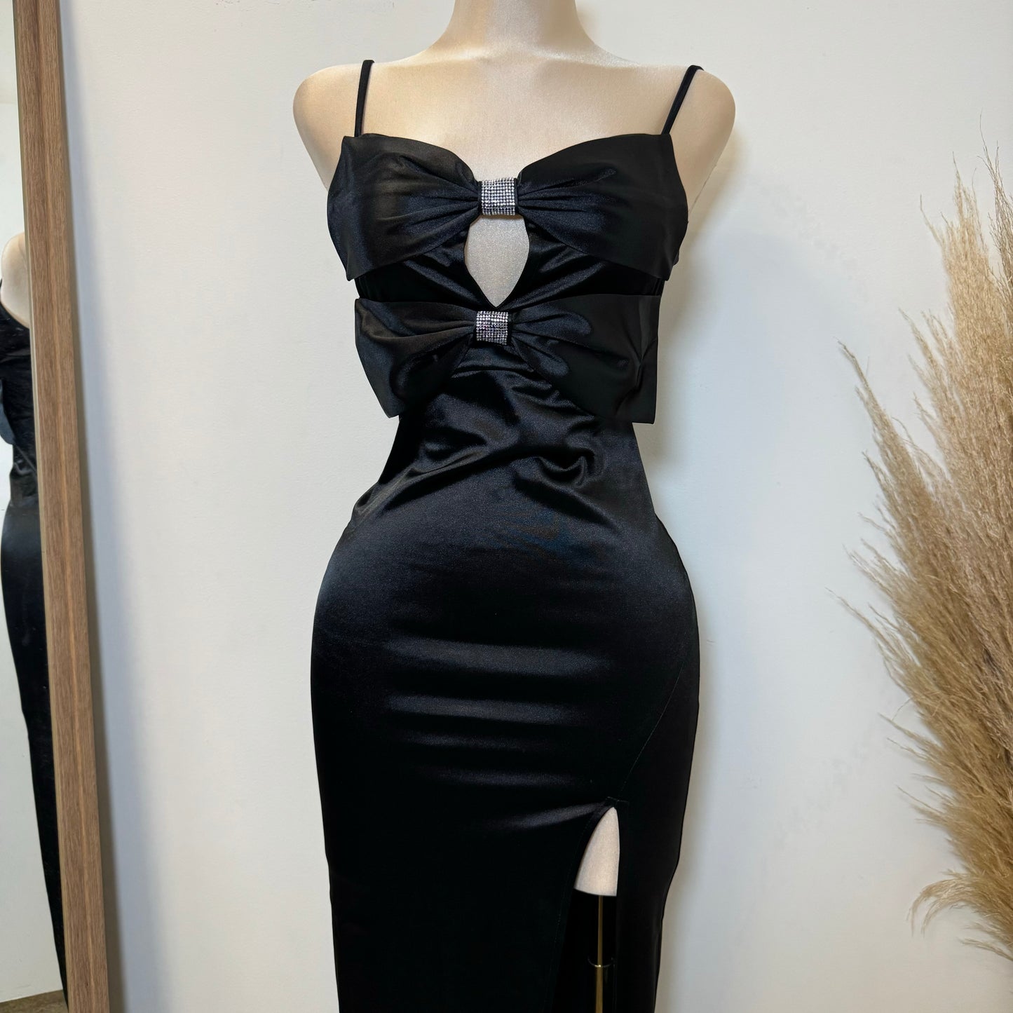 Holiday Satin Bow Dress-Black