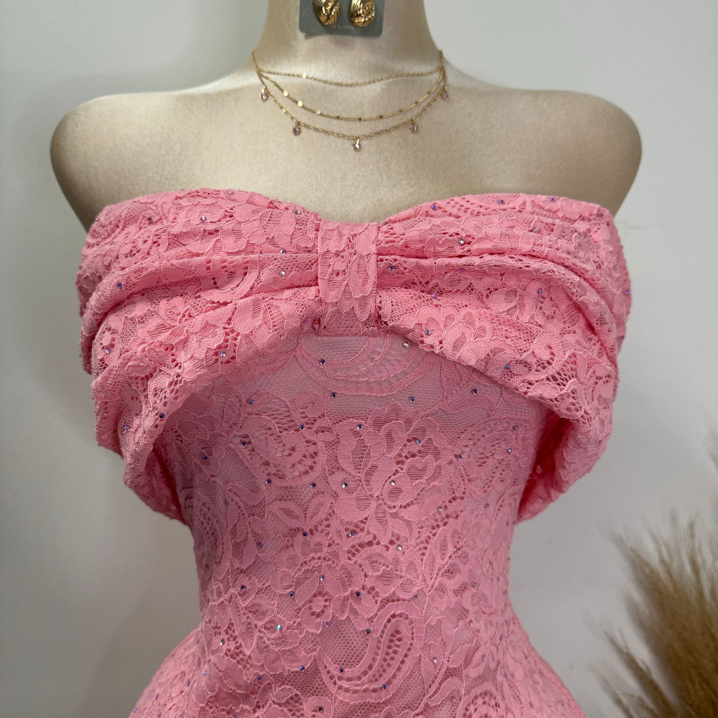 Bow Lace Rhinestone Dress-Pink