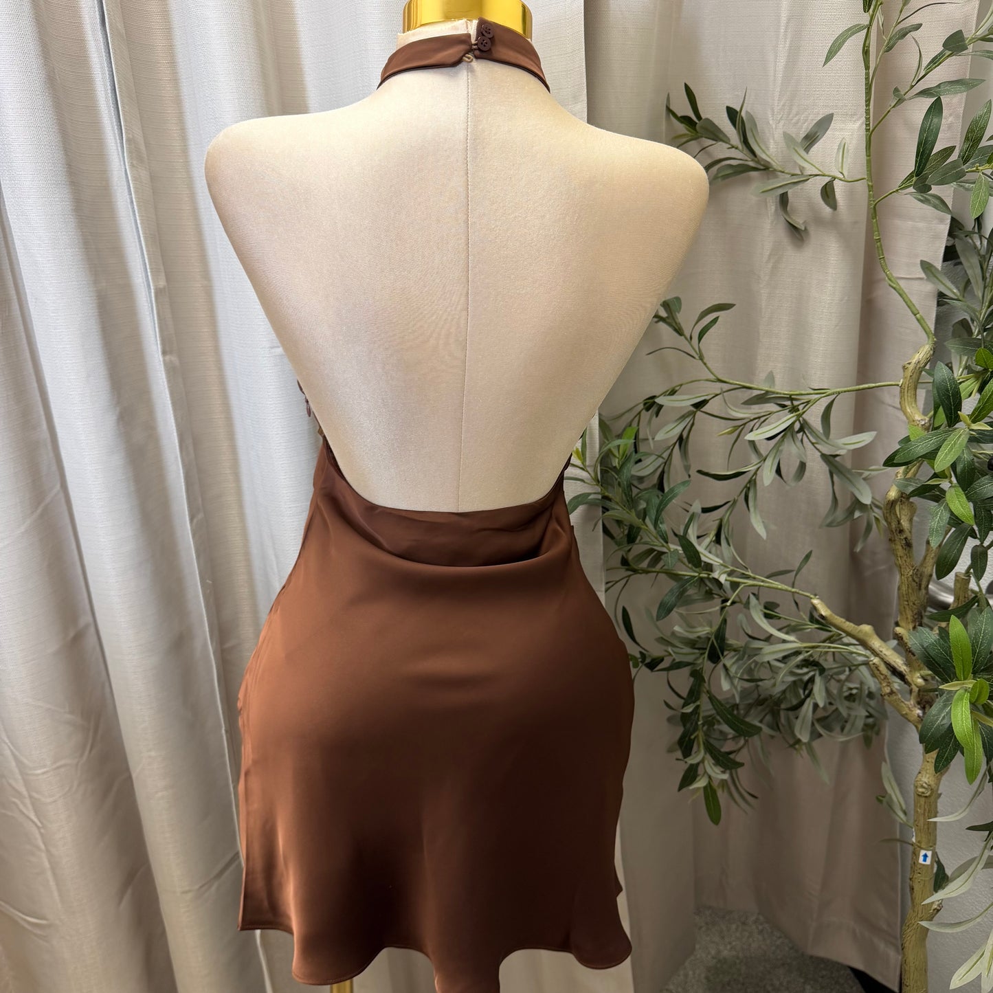 Satin Cowl Halter Neck Dress-Brown