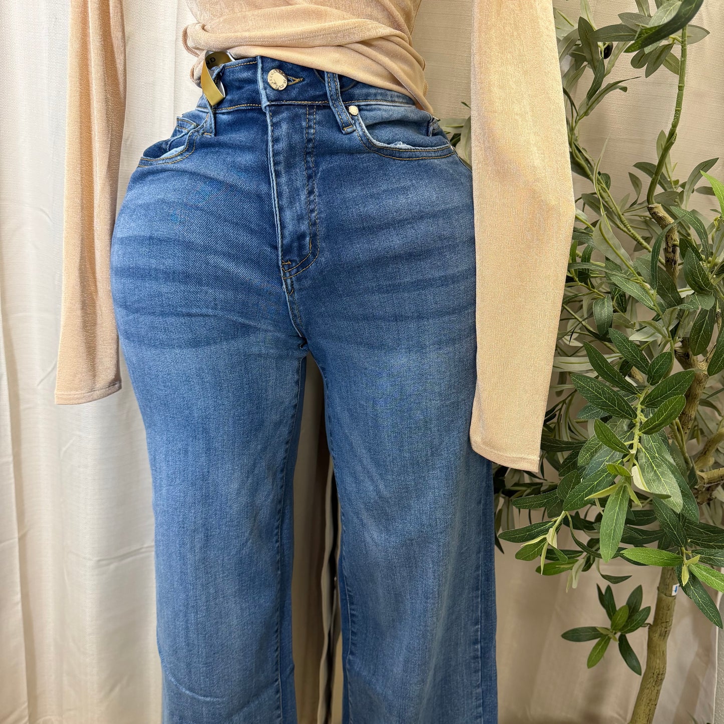 Wide Leg Denim Pants-Dk Blue