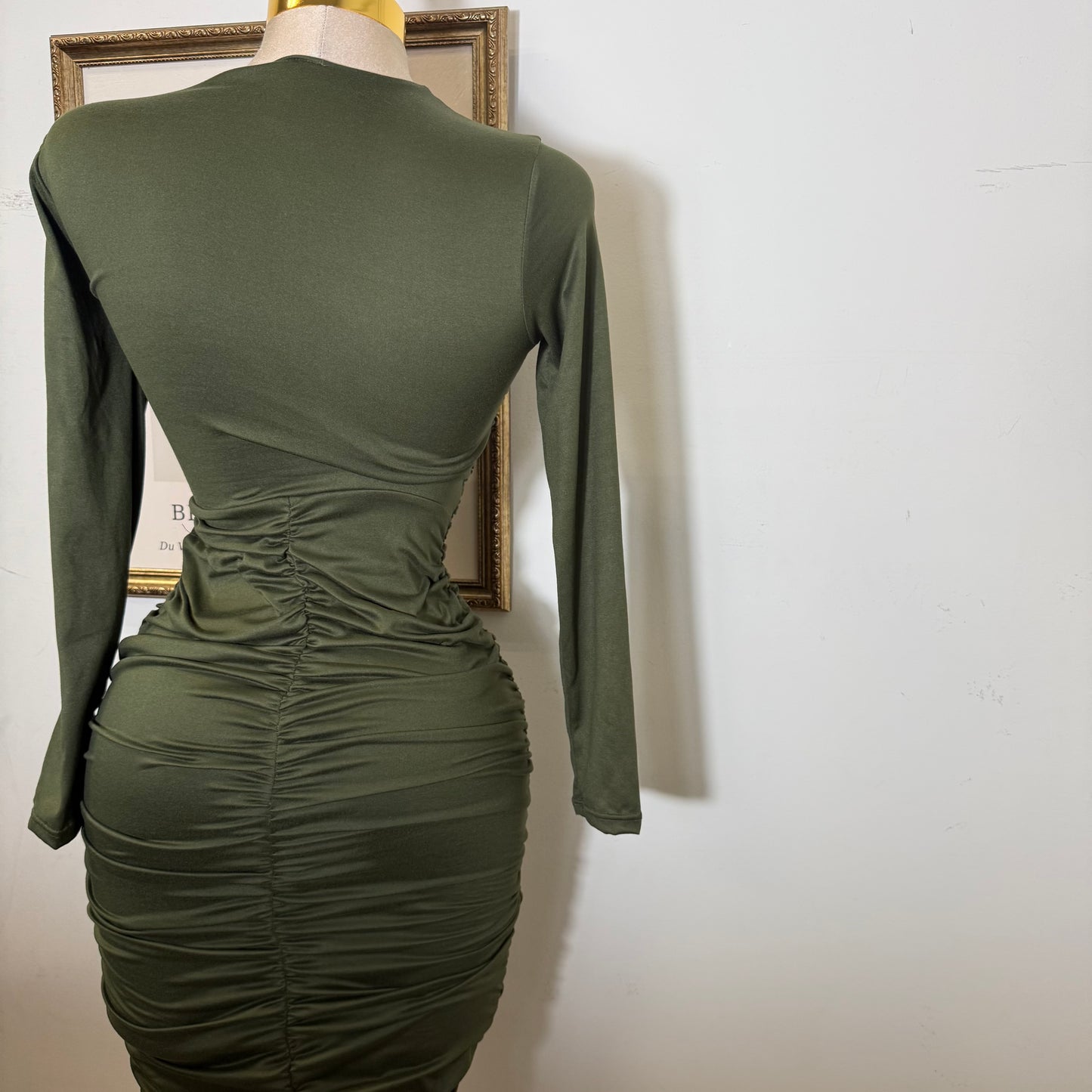 Long Sleeve Double Layered Midi Dress-Olive