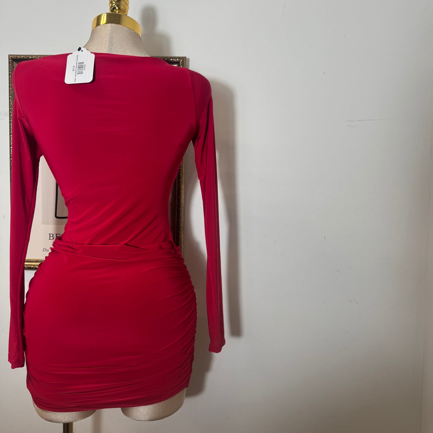 Long Sleeve Ruched Mini Dress-Red