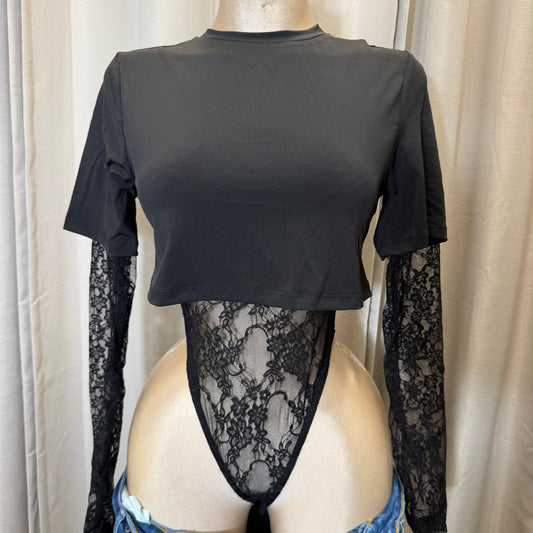 Layered Lace Bodysuit with T-Shirt Overlay-Black