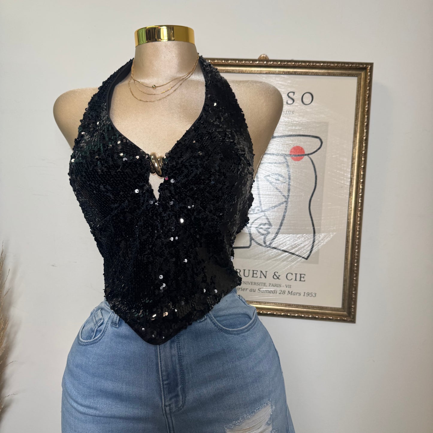 Sequin With Hardware Halter Top-black
