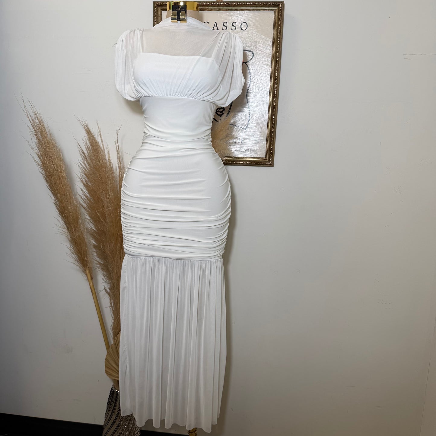 Mesh & Knit Mix Long Dress-Ivory