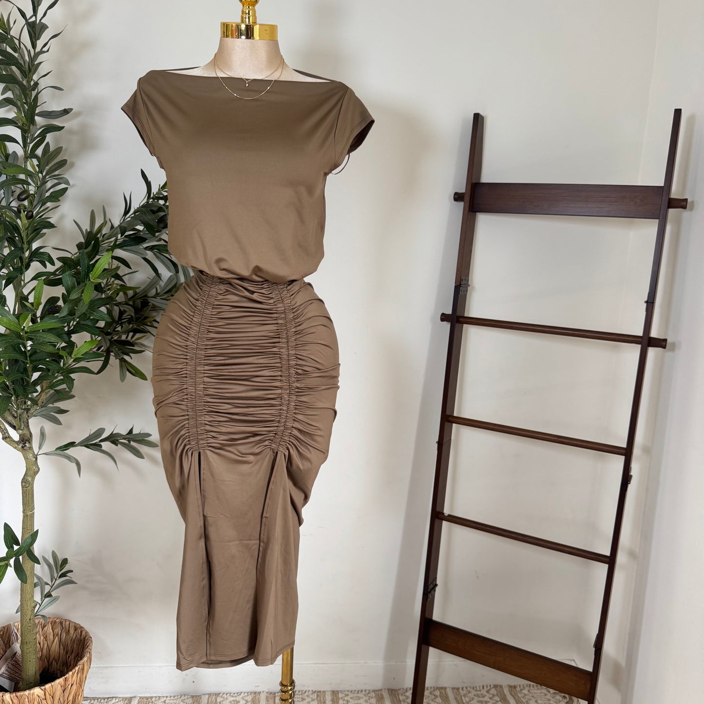 Ruched Elegance Draped Midi Dress-Mocha