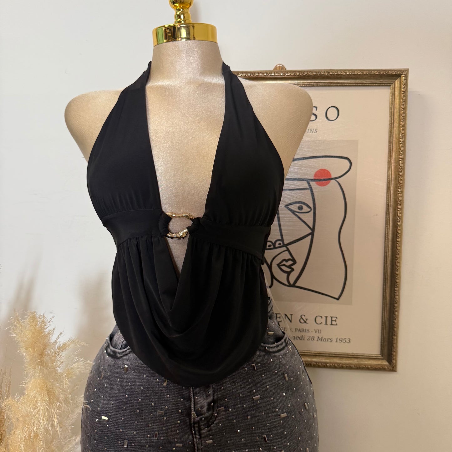 Halter cowl Neck Open Back Top-Black