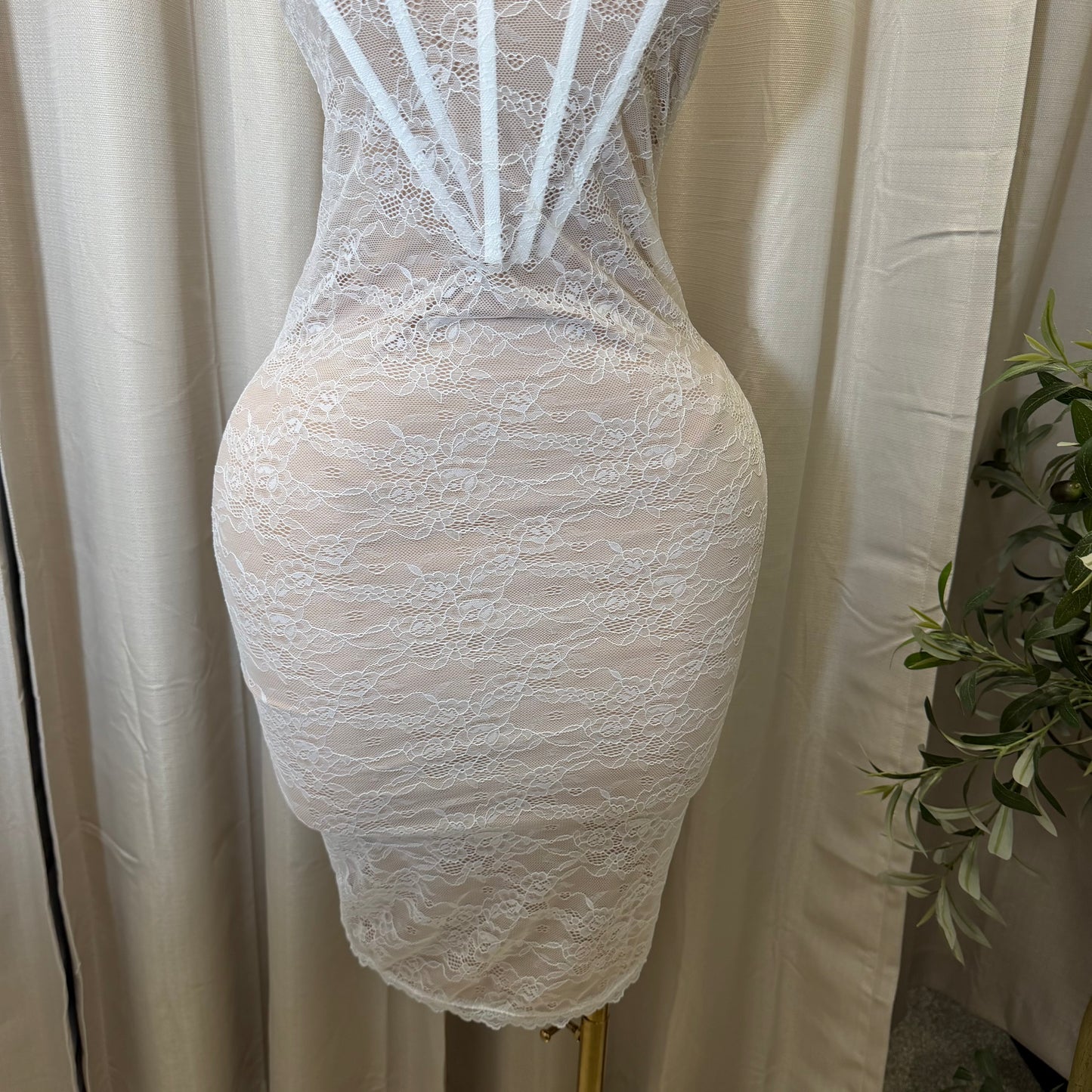 Stretch Lace Corset Body Midi Dress-Ivory