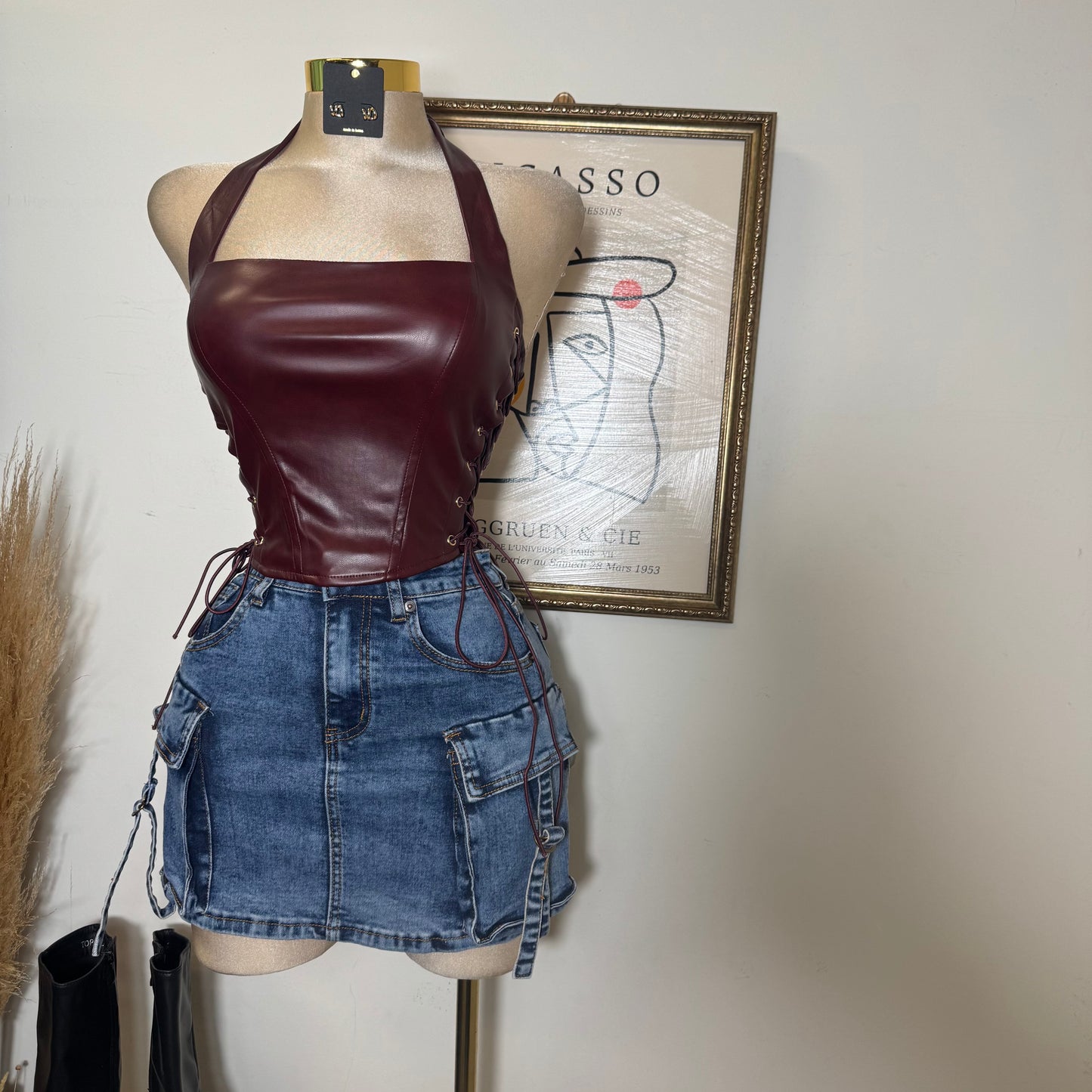 Eyelet Side Detail Halter Neck Corset Top-Wine
