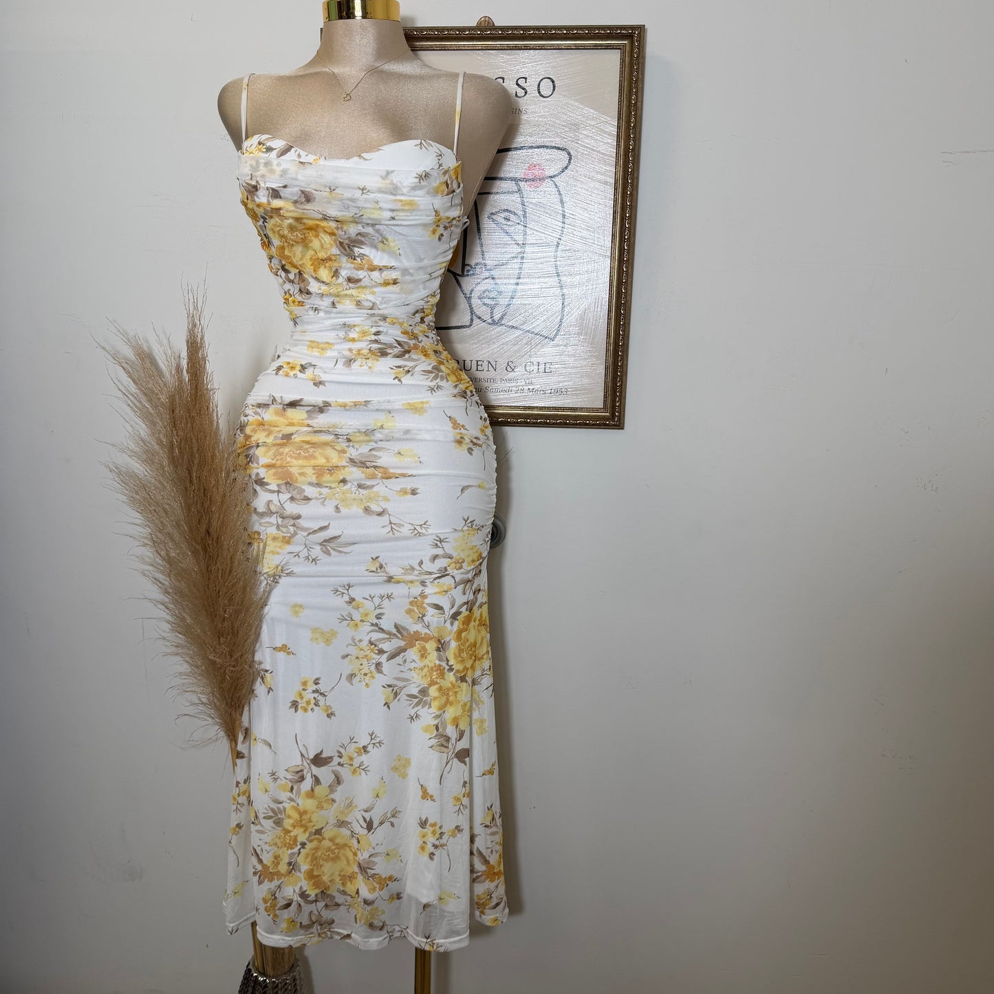 Mesh Print Midi Dress-Yellow Floral