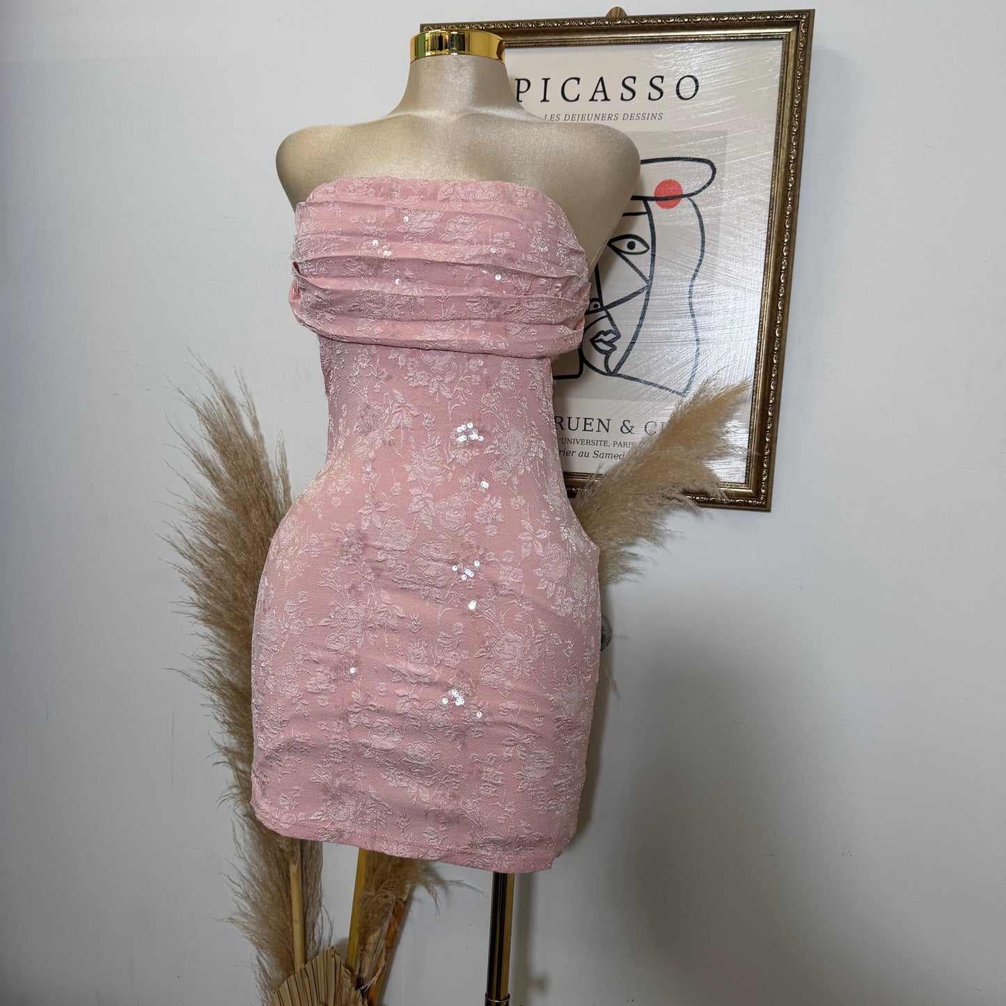 Jacquard Sequin Tube Mini Dress-baby pink