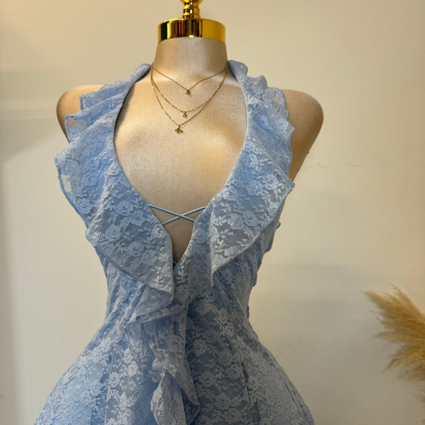 Amy Lace Halter Dress-Baby Blue