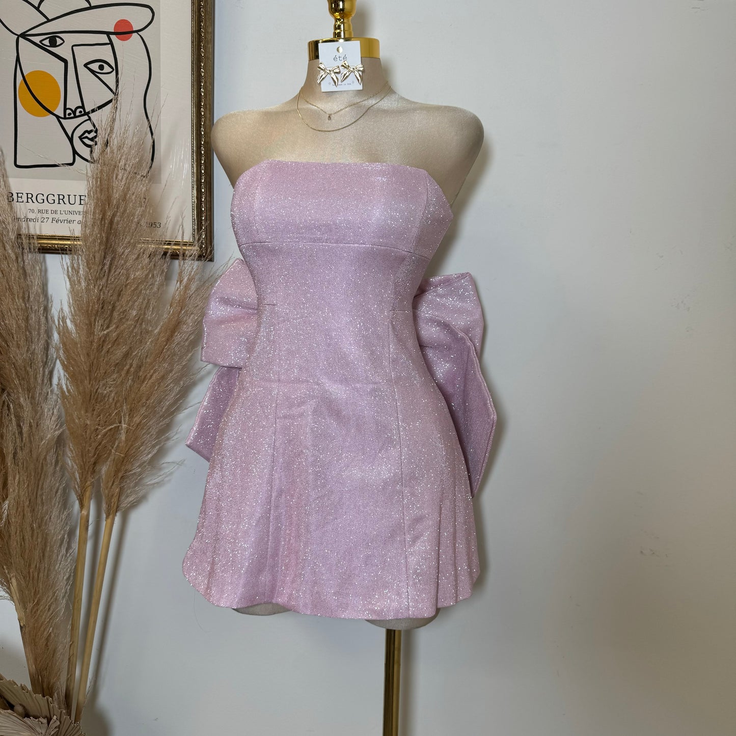 Coqueta Glitter Bow Mini Dress-Pink
