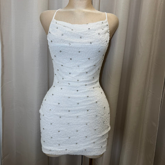 Power Mesh w/ Rhinestone Mini Dress-White