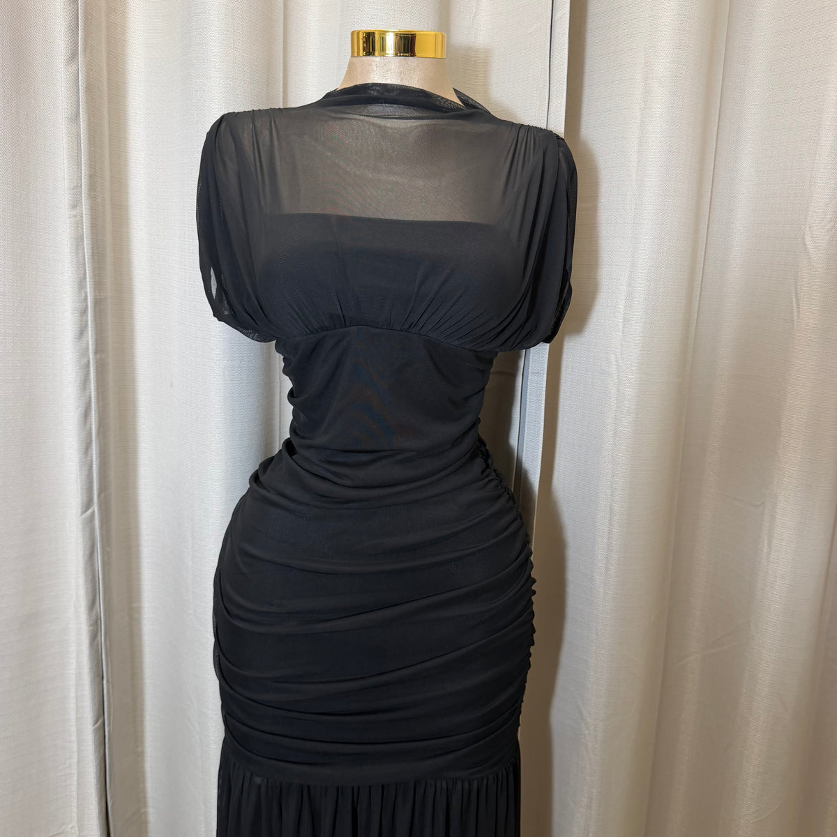 Mesh & Knit Mix Long Dress-Black