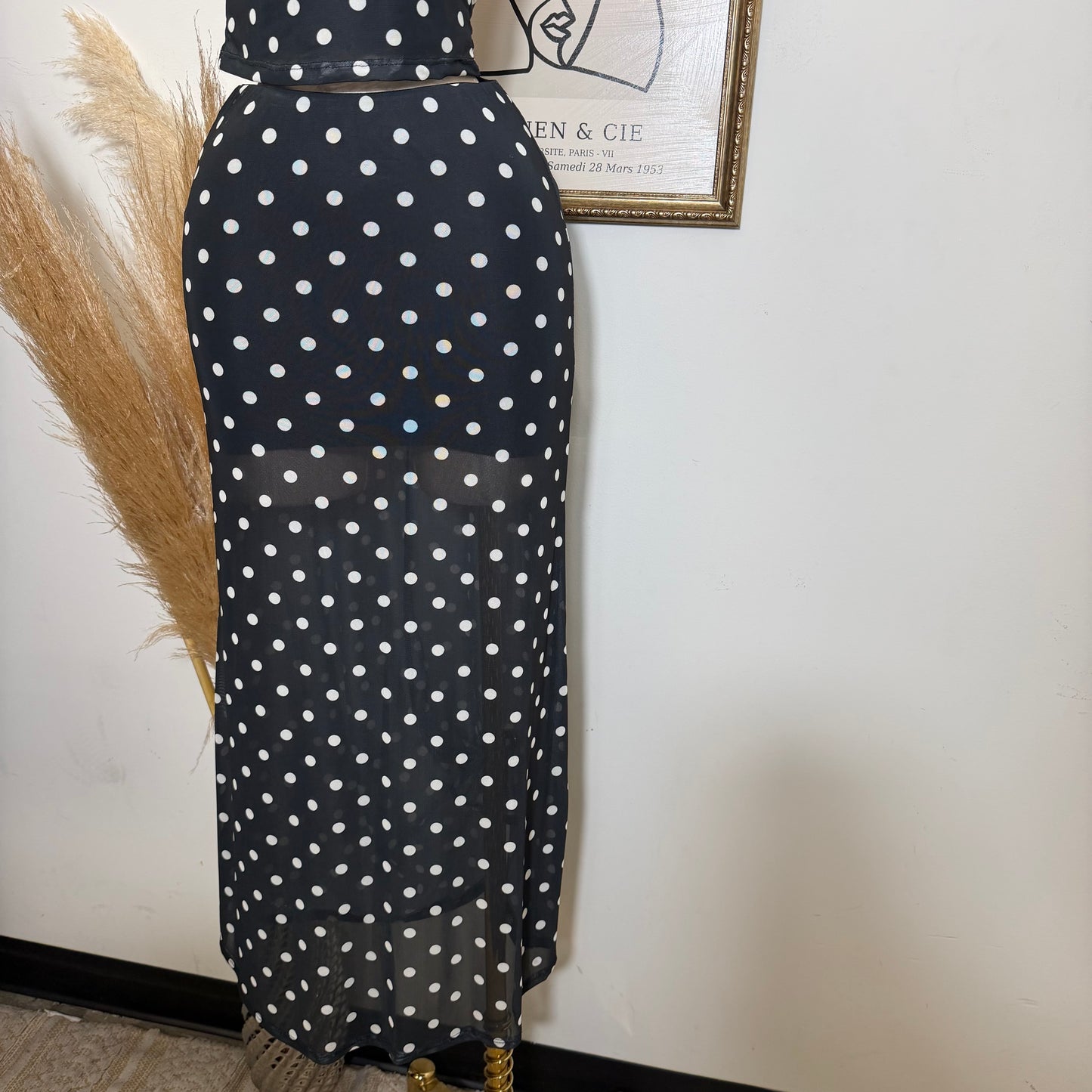 Polka DoT Mesh Print Twist Cami Top & Slit Maxi Skirt-White/Black