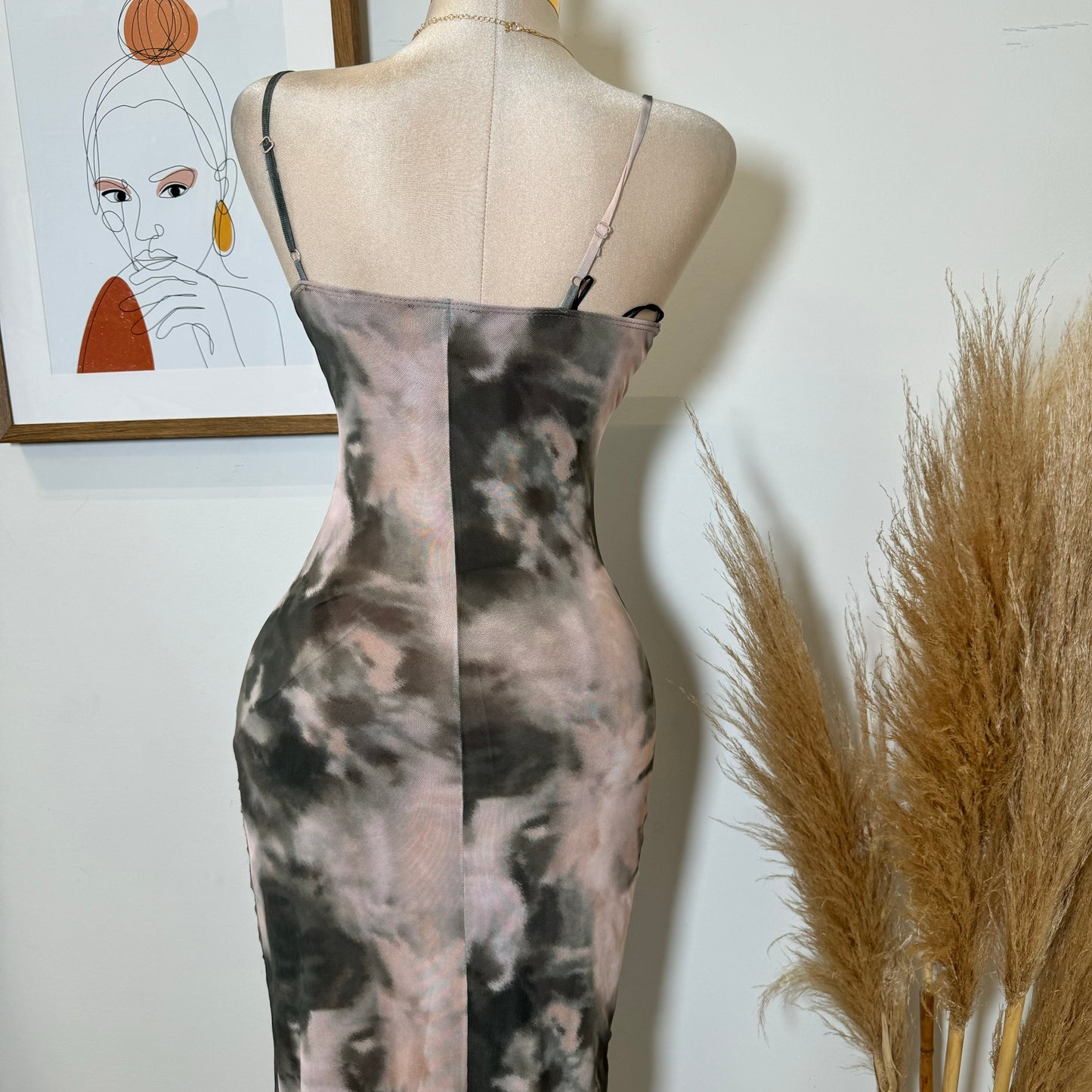 Mixie Mesh Open Slit Dress-Olive