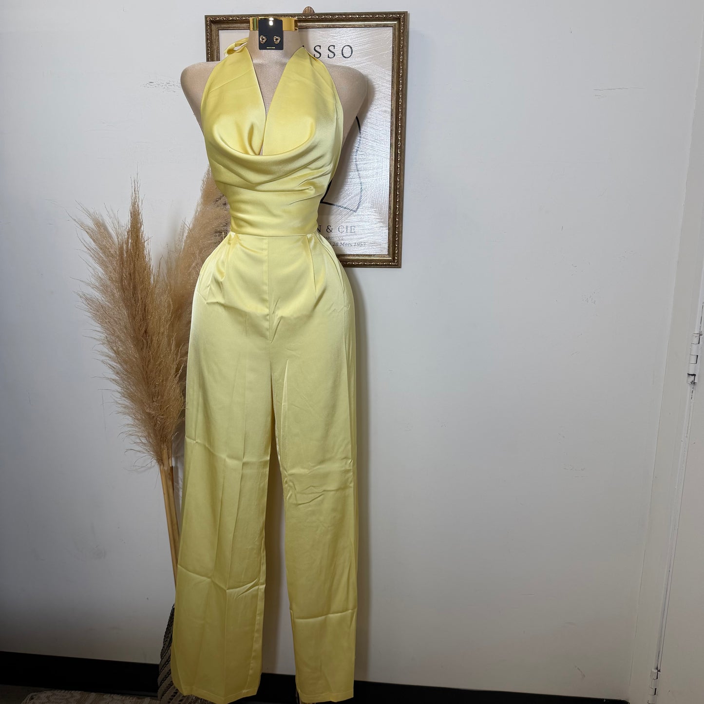 Cowl Halter Neck Wide Leg Jumpsuit-Baby Yellow