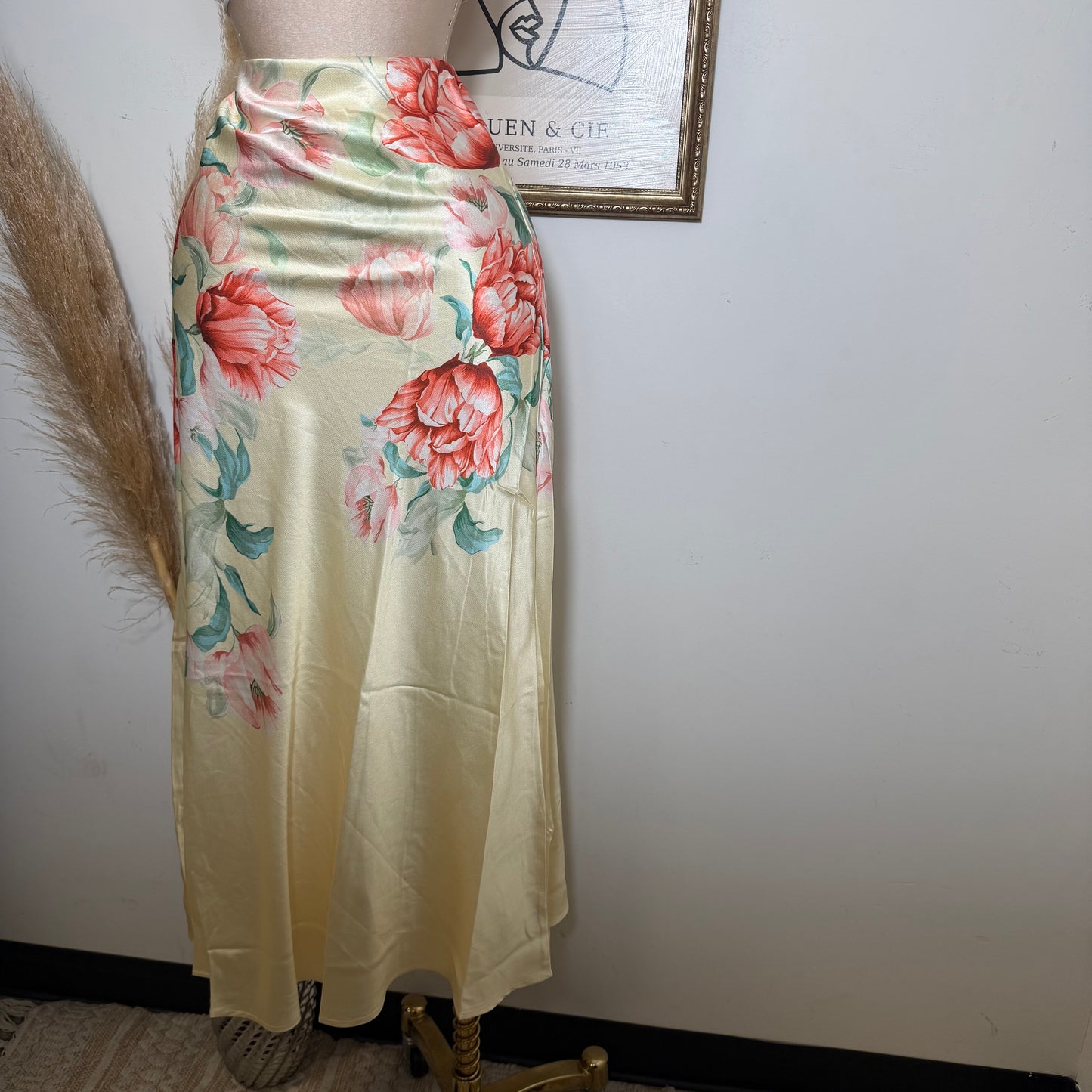 Floral strapless Satin Top and Maxi skirt set-Butter yellow
