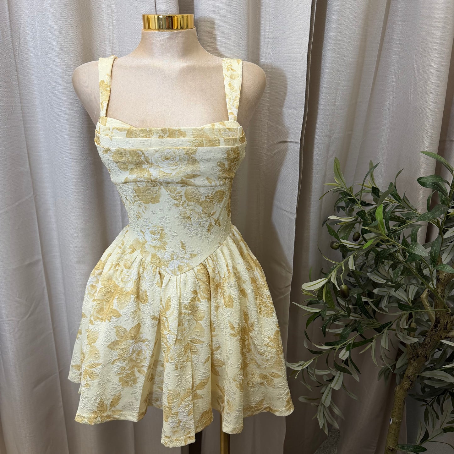 Floral Pleated Bust fit and Flare Mini Dress-Yellow