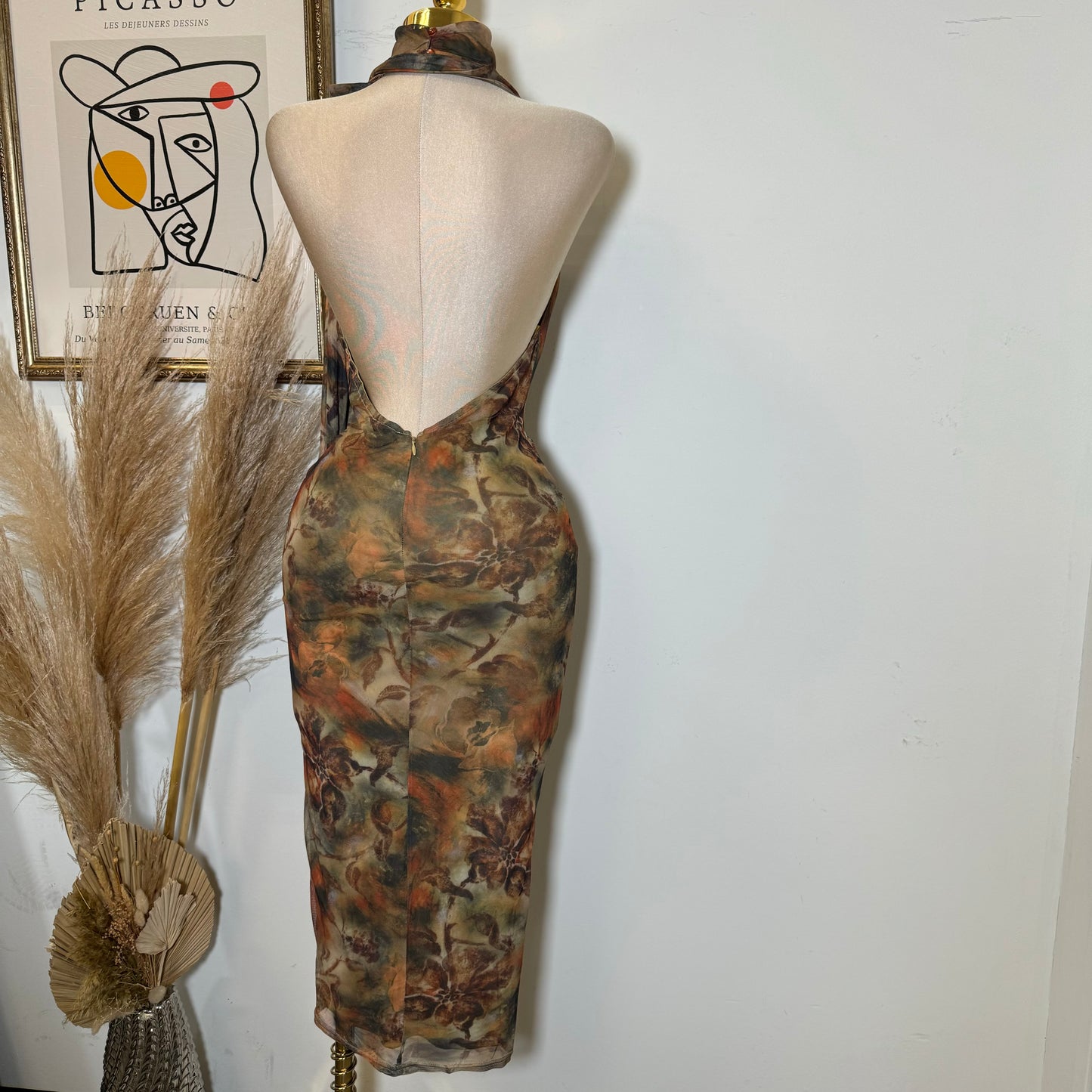 Mesh print Jersey Halter cowl Neck Midi Dress-Brown