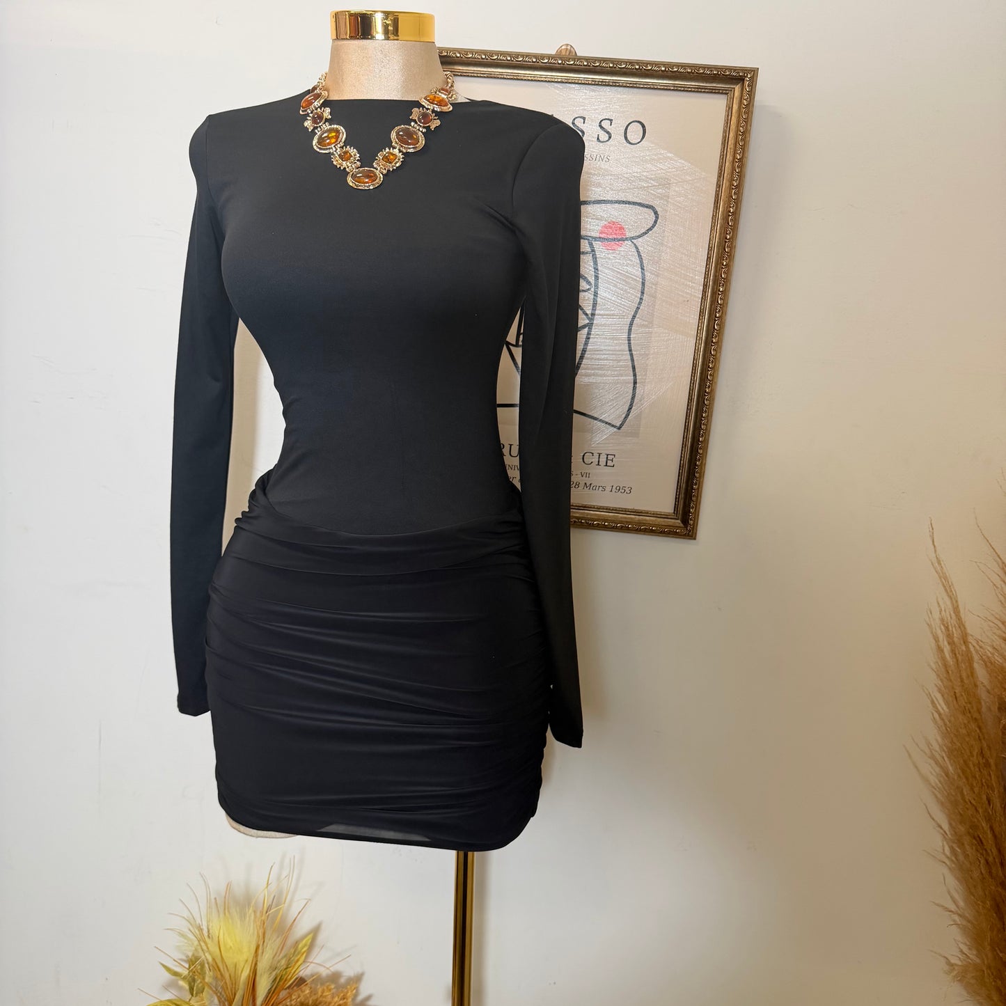 Mixed Media Long Sleeve Ruched Mini Dress-Black