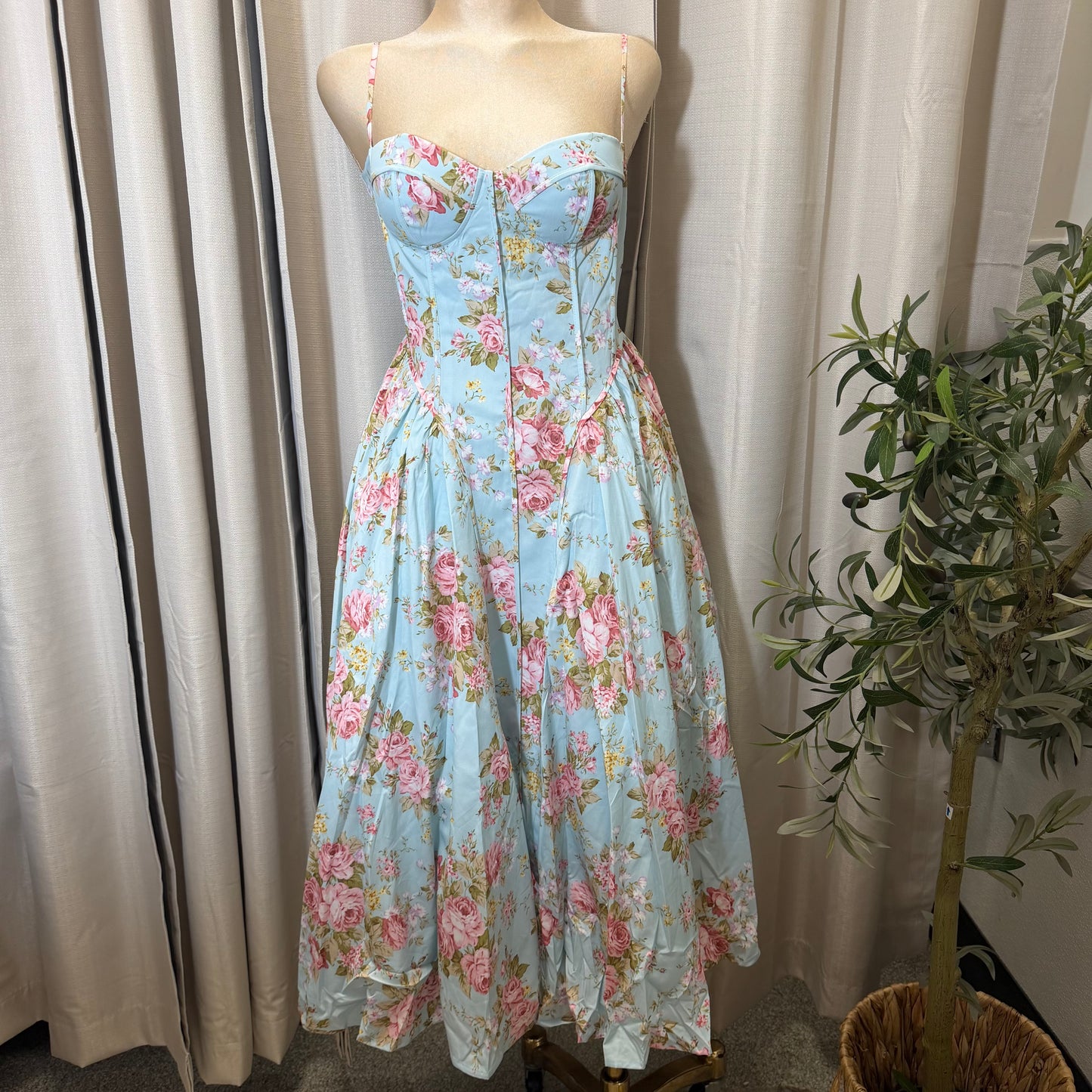 Floral Print Adjustable Straps Loose Maxi Dress-Light blue