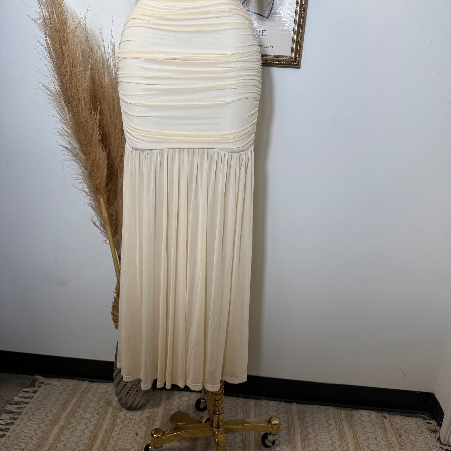Ruched Long Maxi Dress-Cream