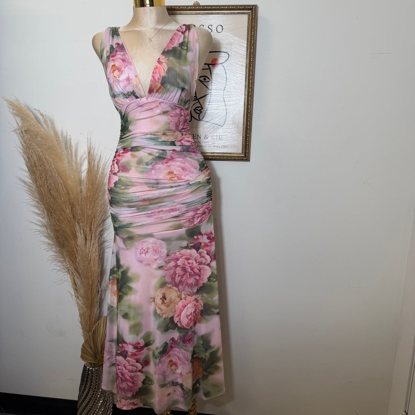 Flower Print Mesh Maxi Dress-Mauve Combo