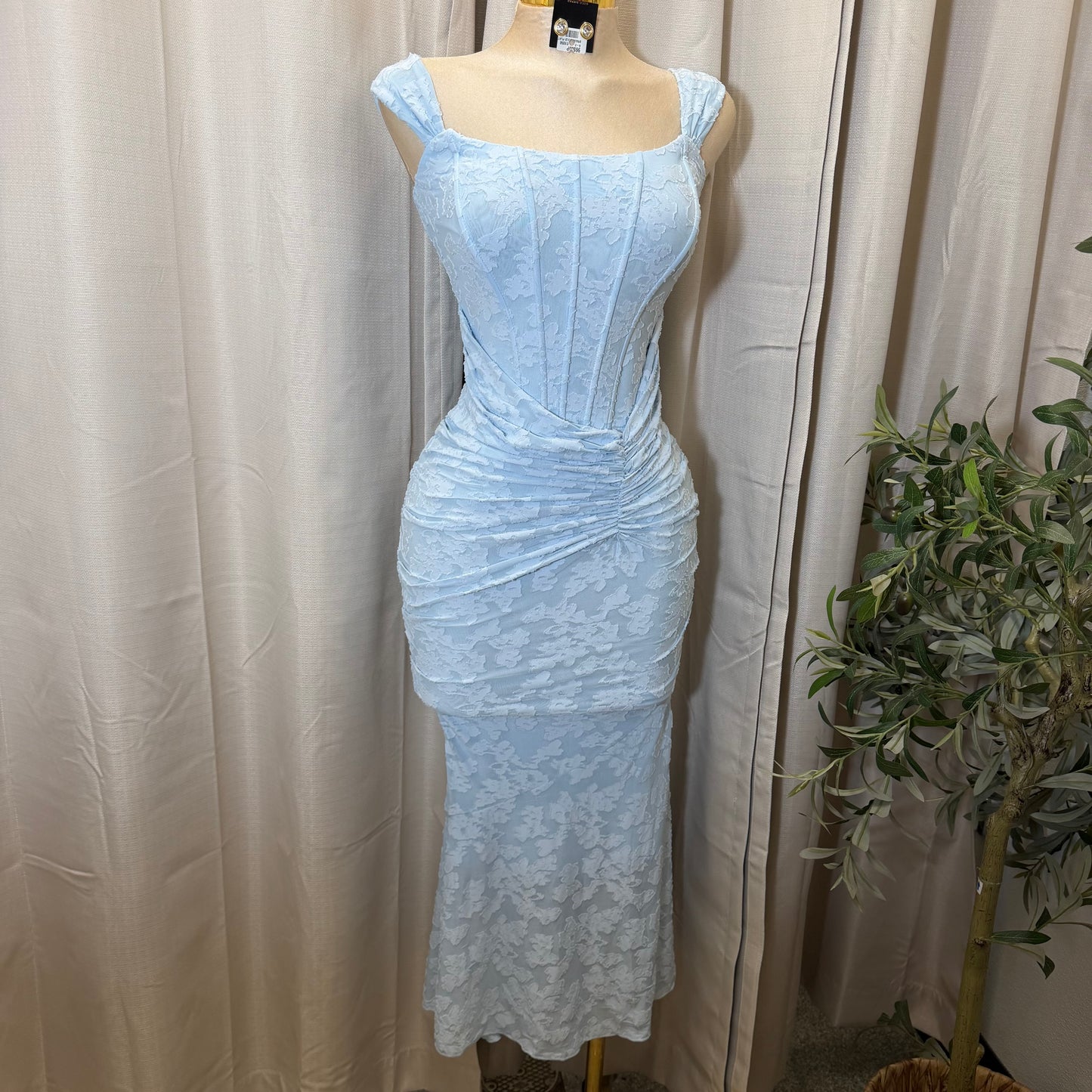 Off Shoulder Ruched Maxi Dress-Baby Blue