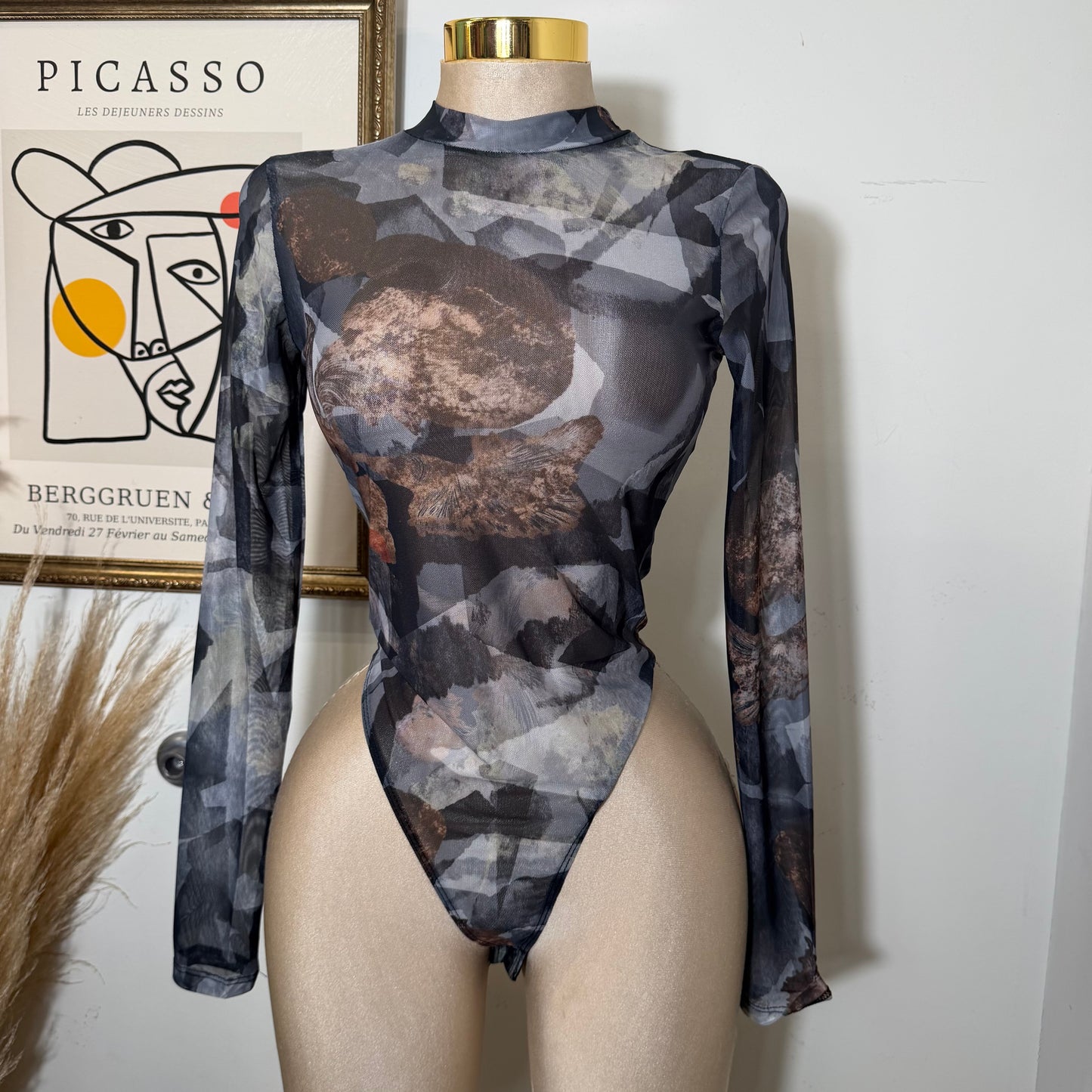 Black Long Sleeve Mesh Top Bodysuit-Black