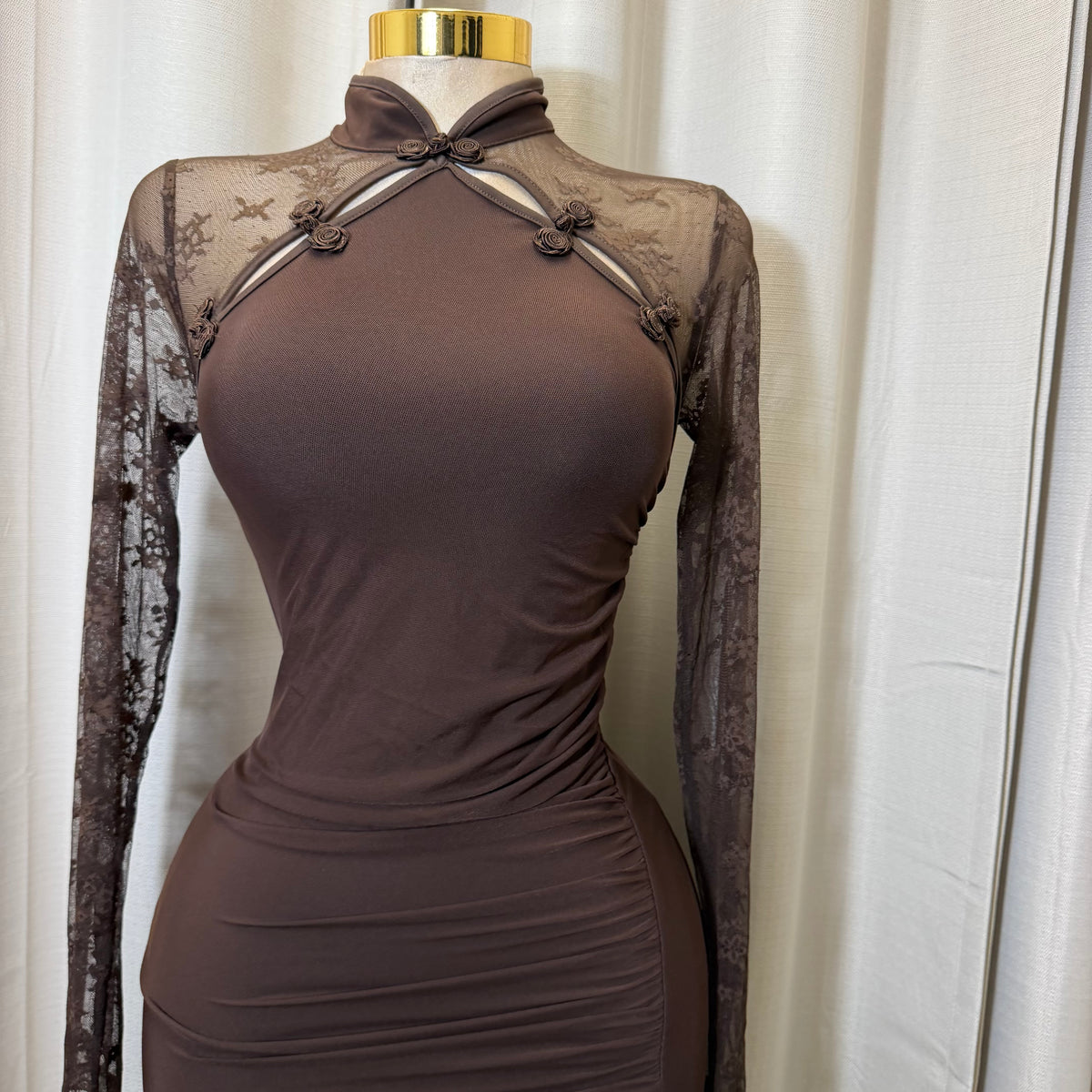 Korean Lace Long Sleeve Midi Dress-Chocolate