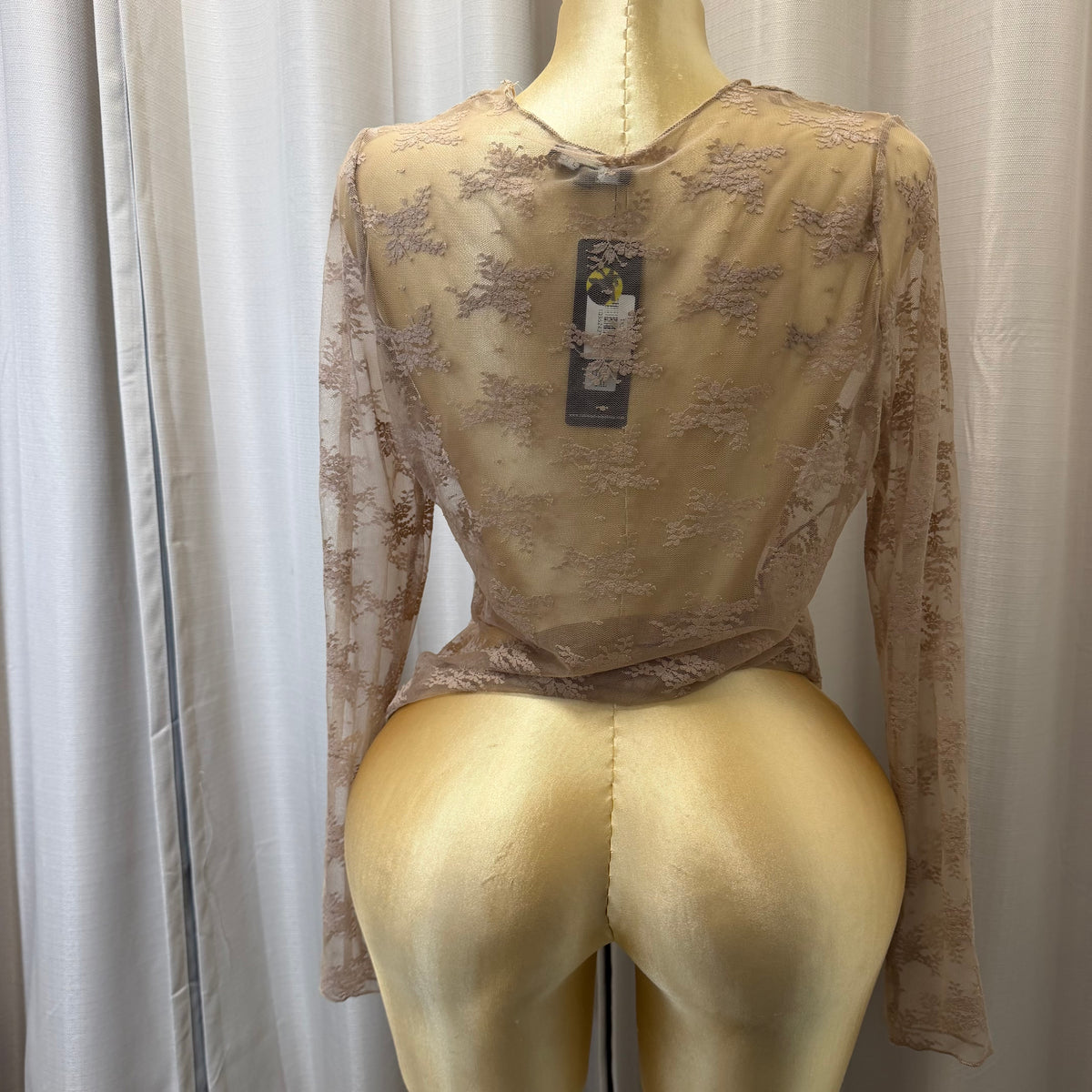 PL Long sleeve sheer lace Mesh Top-Taupe