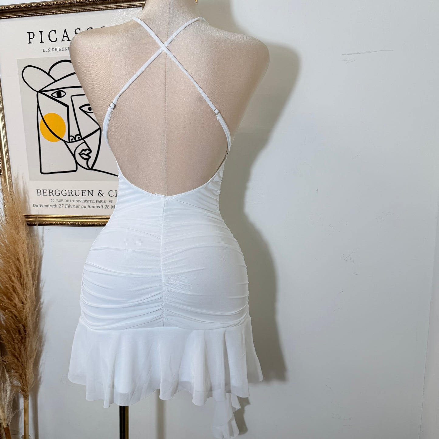 Asymmetrical Ruffle Mini Dress with Cross-Back Straps-White