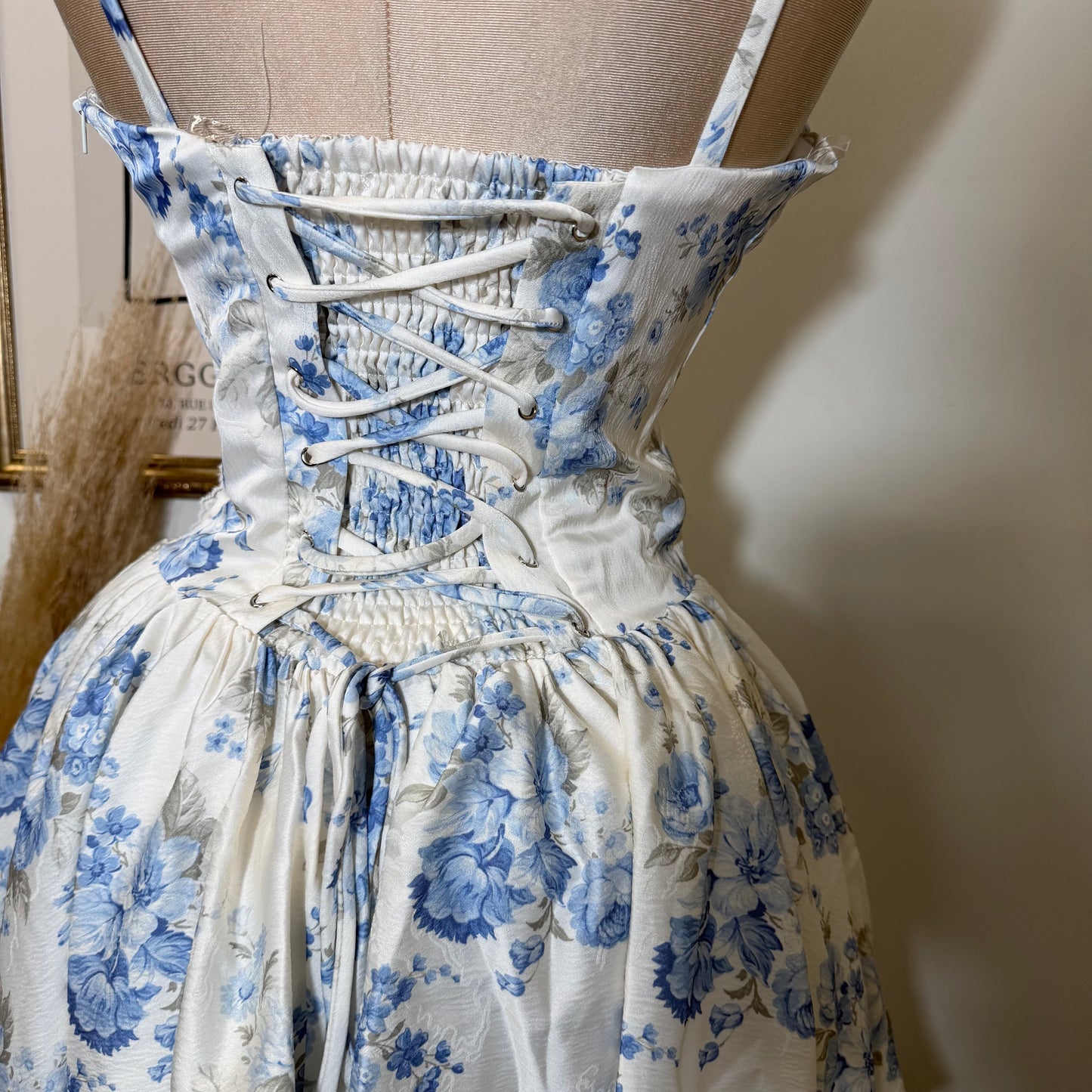 Corset Back Jacquard Mini Dress-Peach/Blue