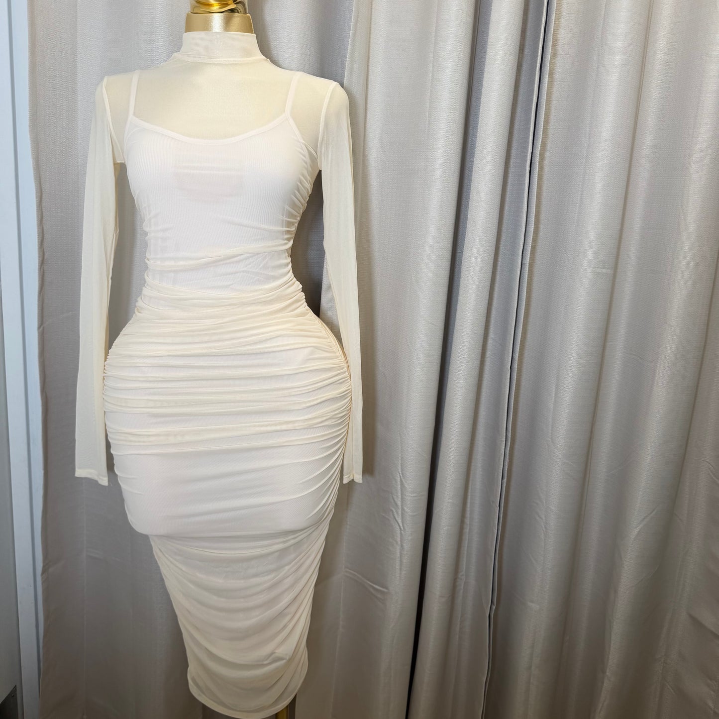 Solid Mesh Mock Neck Midi Long Sleeve Dress-Cream