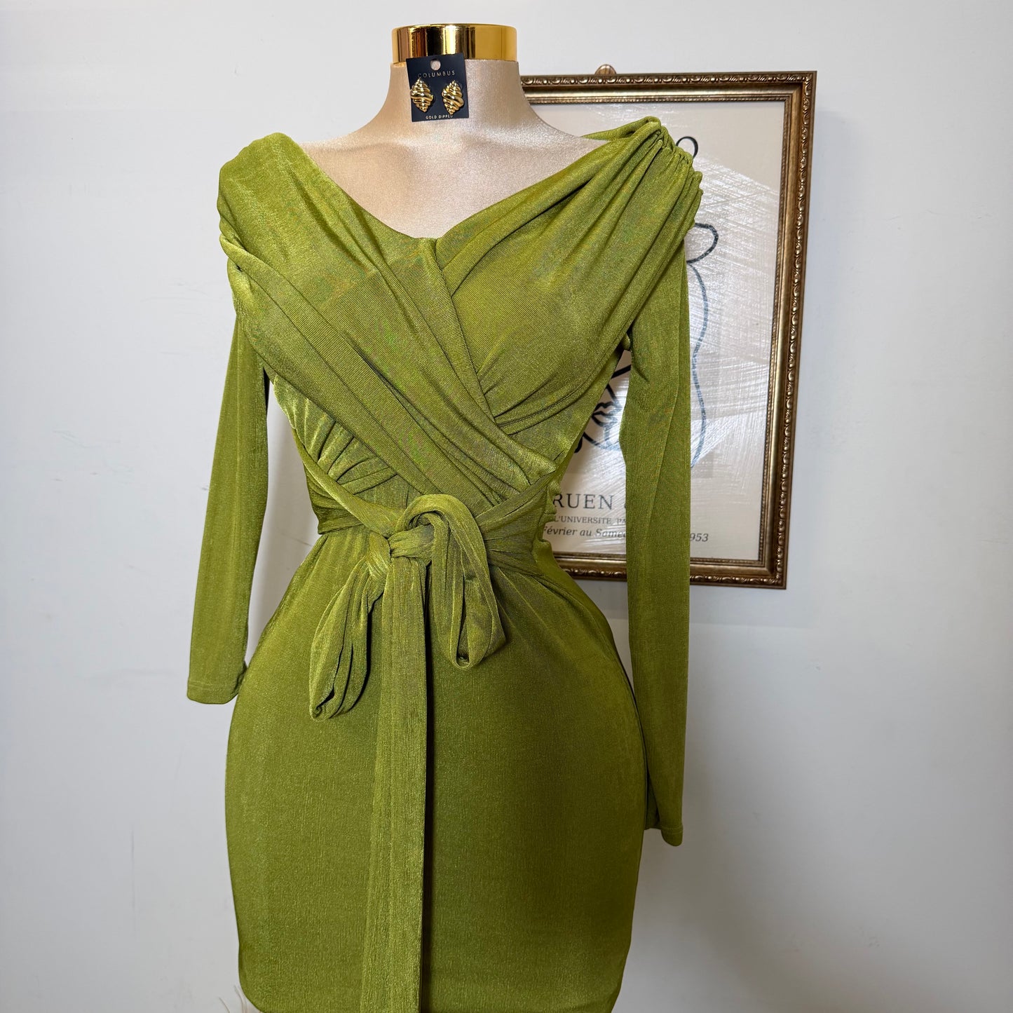 Off shoulder Long sleeve Dress-Moss Green