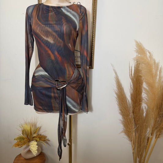 Wrap Long Sleeve Mesh Dress -Rust