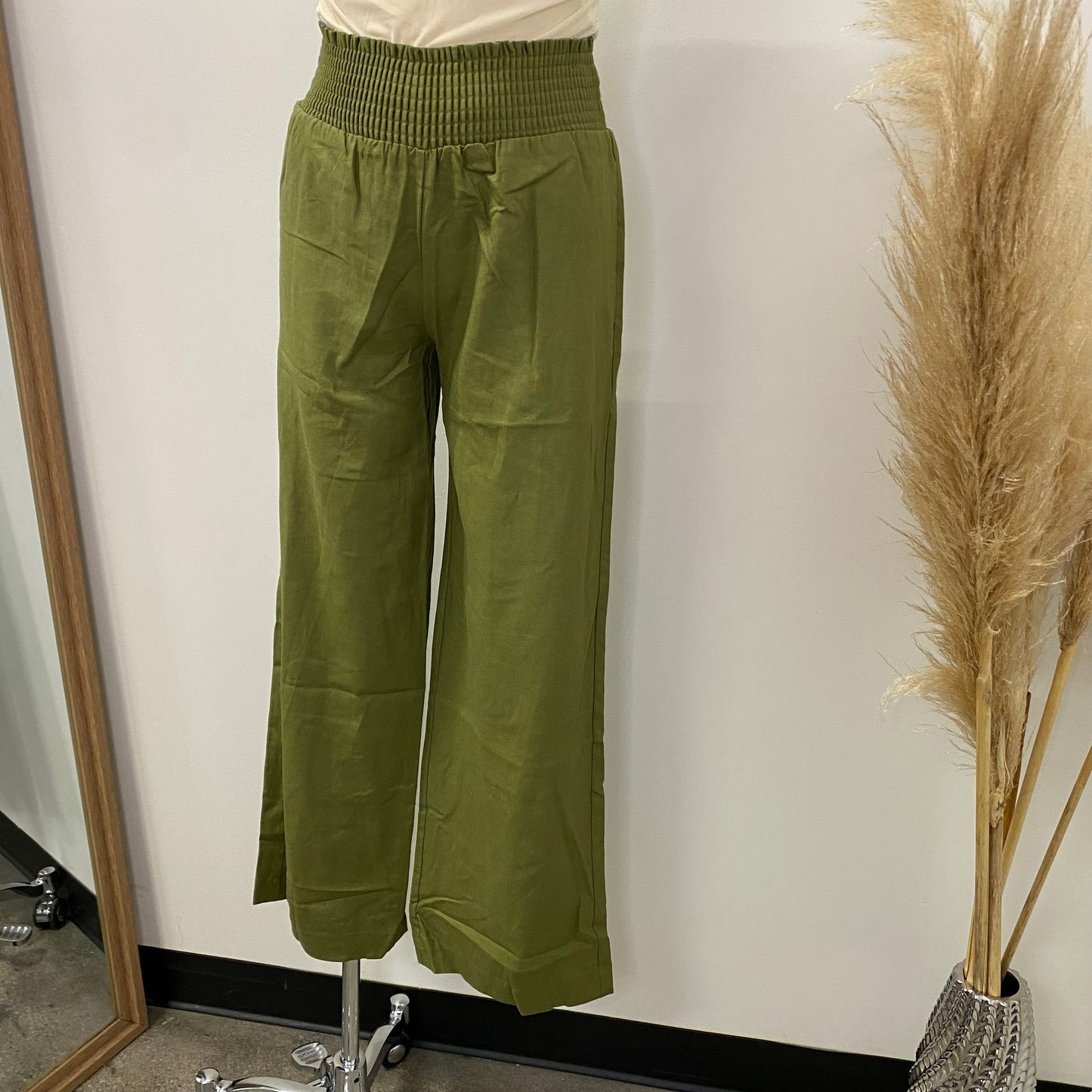 Linen Pants with Smocked Waist-Olive