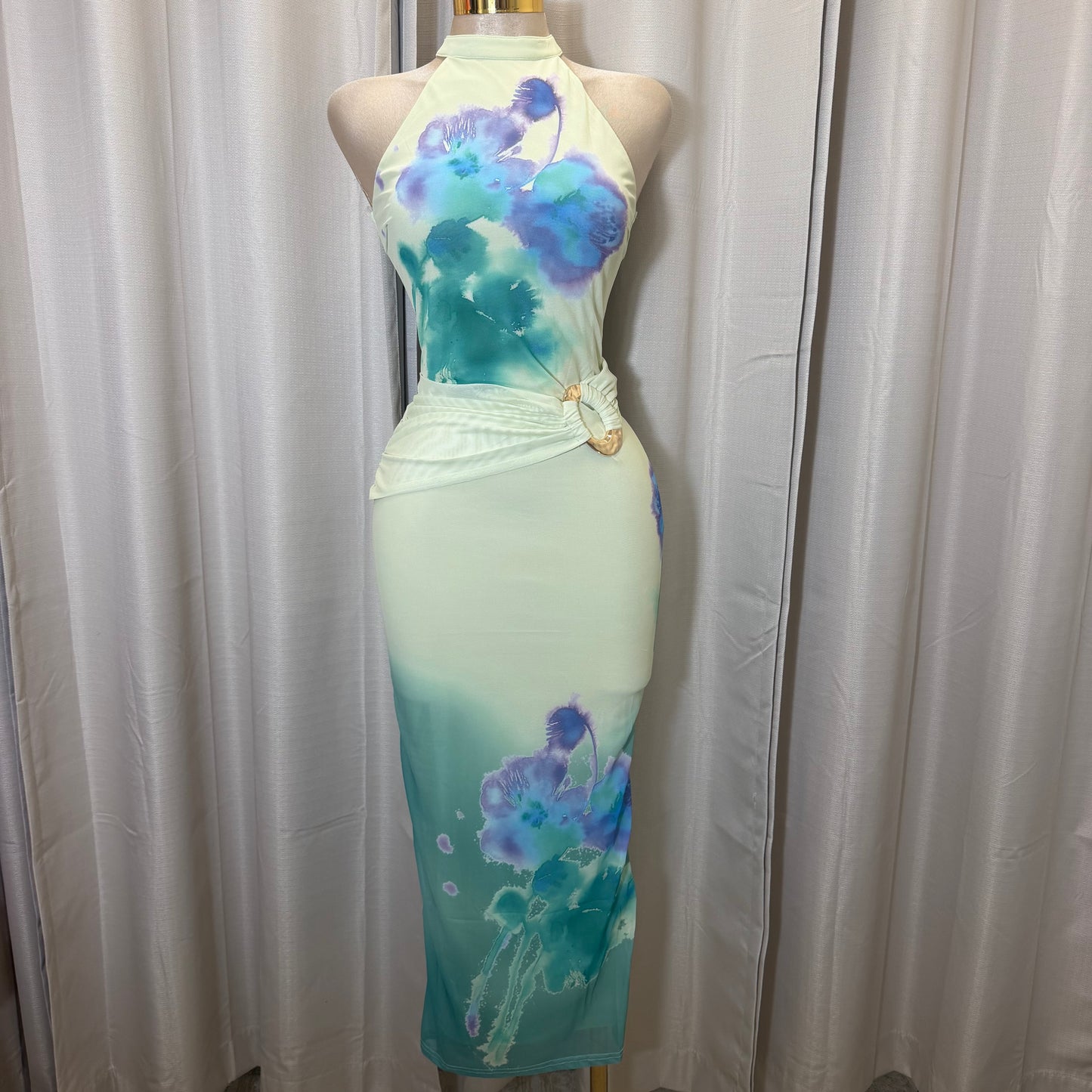 Flower Print Mesh Midi Dress-Yellow/Turquoise combo