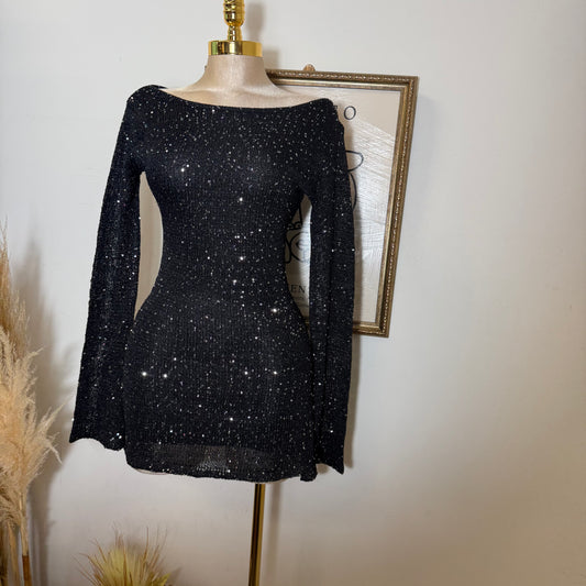 Long Sleeve Sequin Sweater Mini Dress-Black