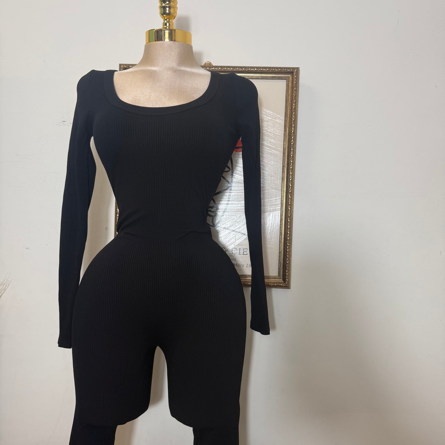 Long Sleeve Snatched Flare Jumpsuit-Black